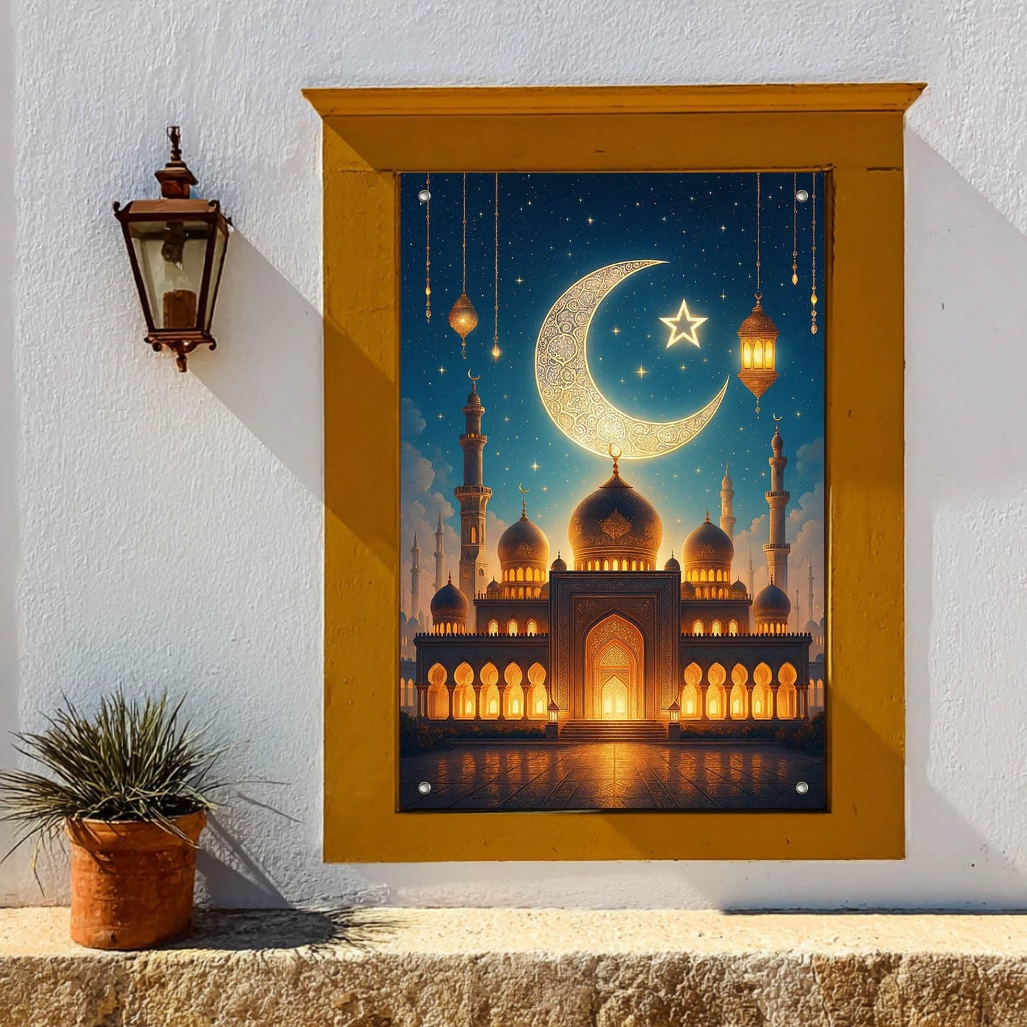 HOMETITUTE Eid Ramadan Window Banner Holiday Curtain Backdrop 31x47 Fabric | Mubarak Cover Festival Screen Windows Banner Hanging Living Room Bedroom Home Crescent Moon Star Pattern Design BST326H