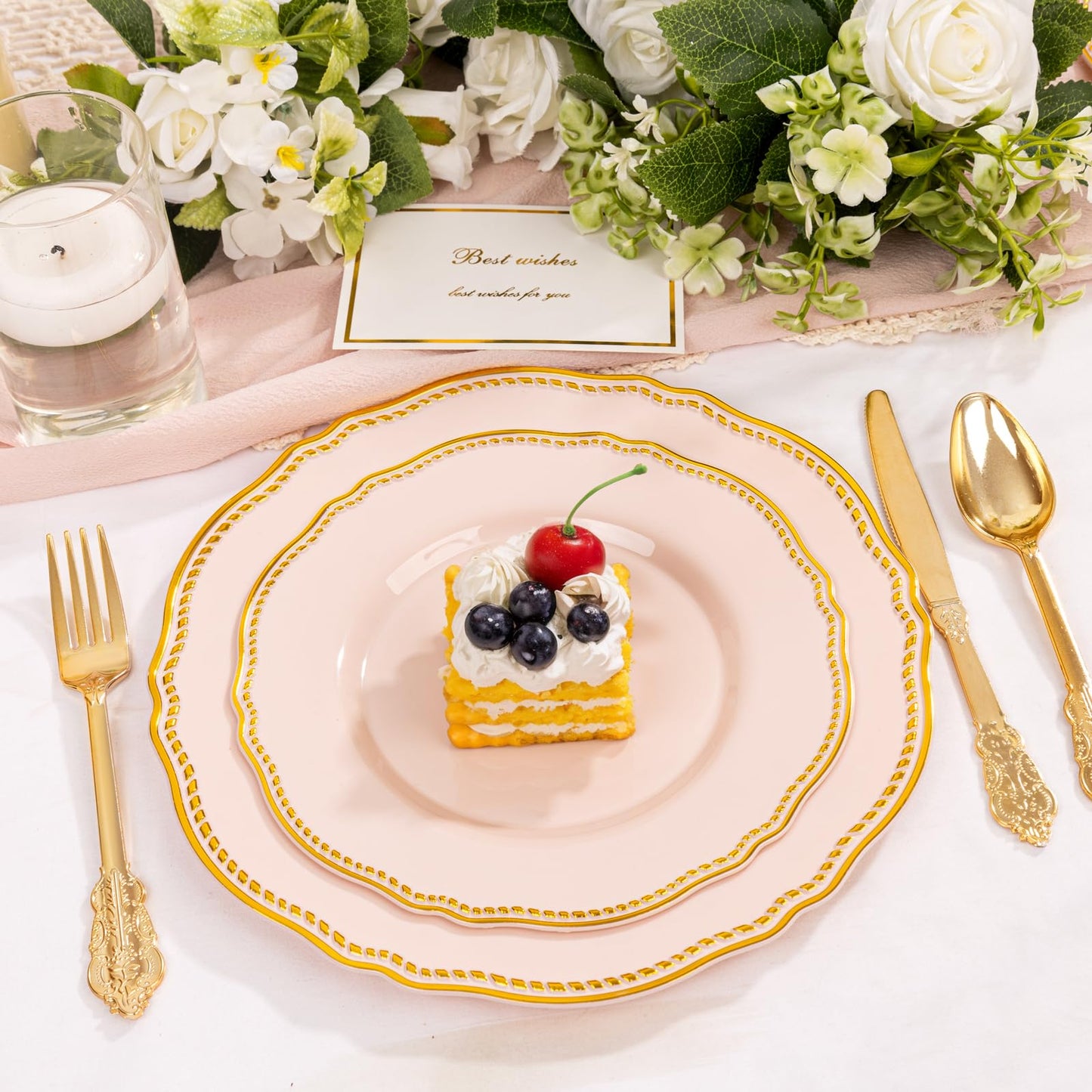 Hioasis 60pcs Pink Plastic Plates - Pink and Gold Disposable Dinnerware with Gold Rim N26