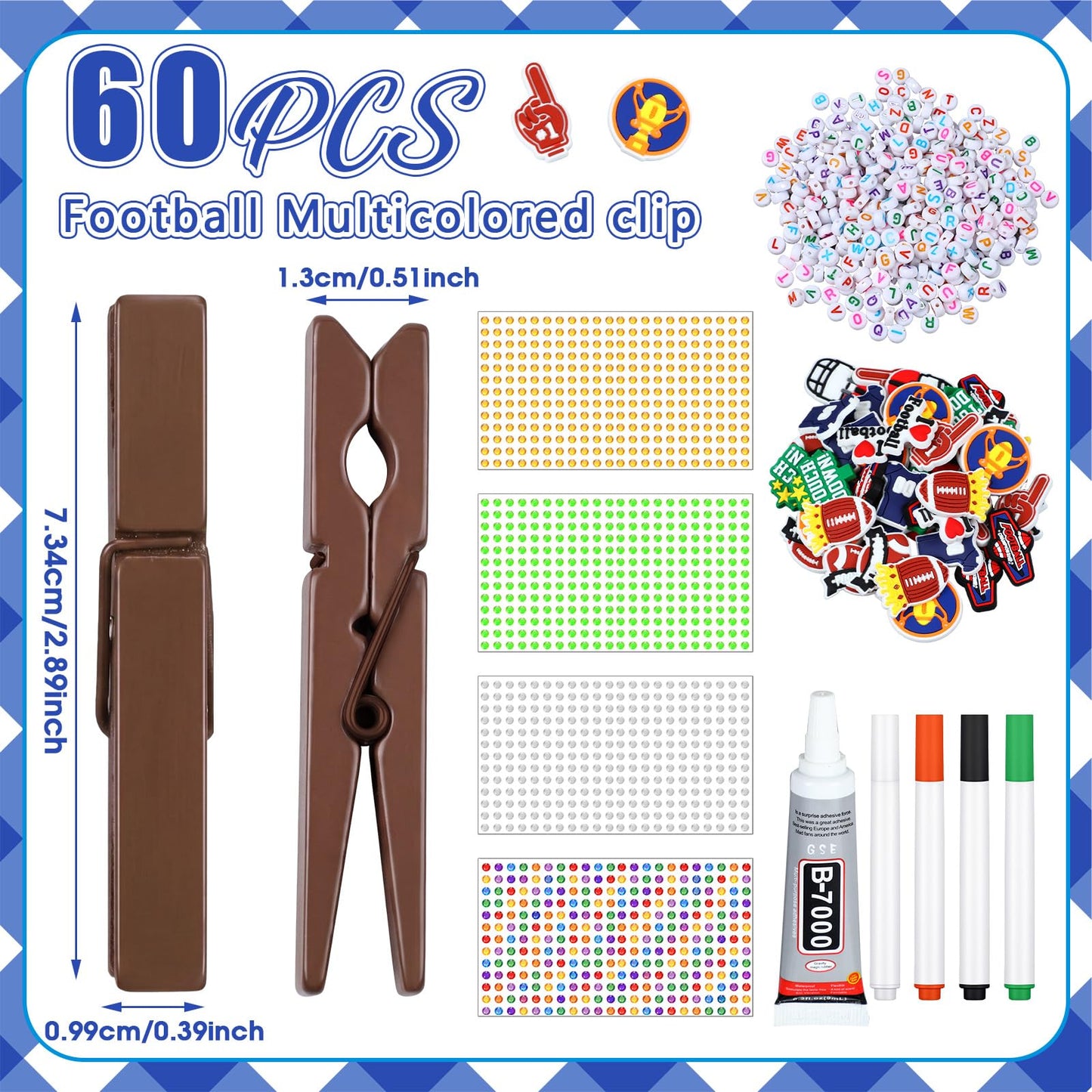 Amyhill 60 Sets Baseball Cheer Pins Wooden DIY Spirit Clips Clothes Pins with 260 Alphabet Beads 4 Rhinestone Stickers 4 Markers 9 ml Glue 60 Baseball Stickers for Cheerleaders Gifts Backpacks Decor BST326H