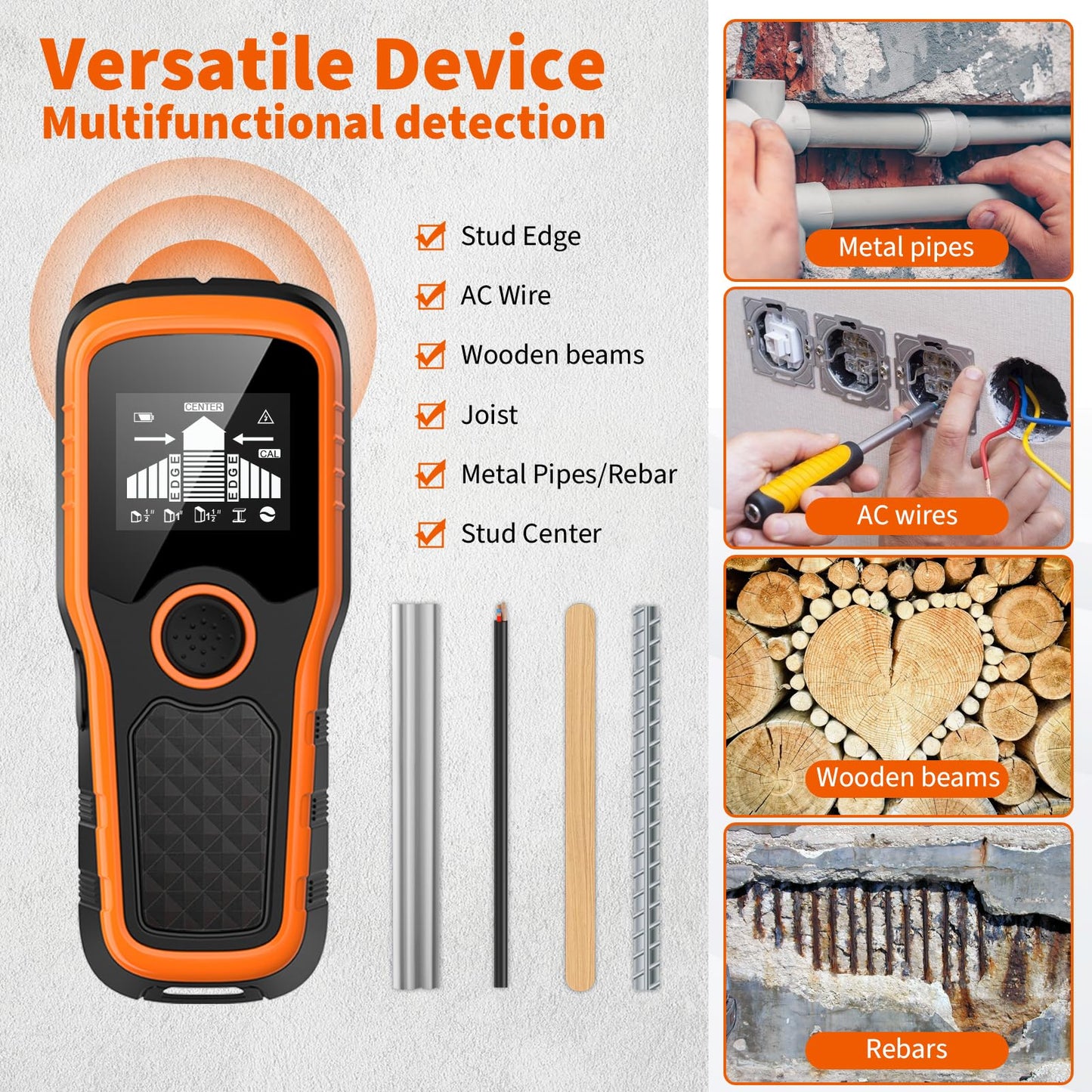 Stud Finder Wall Scanner 5-in-1 - Detector for Wood, Metal, Joists, Pipes, and AC Wires RD3