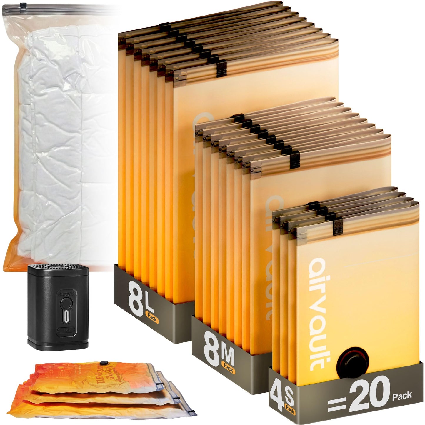 AirVault Vacuum Storage Bags for Travel & Home - Space Saver Compression Packing Bags Set for Clothes, Blankets & Seasonal Storage, Small (5), Medium (5), Large (5) (Orange,15-Pack Combo) BST326H
