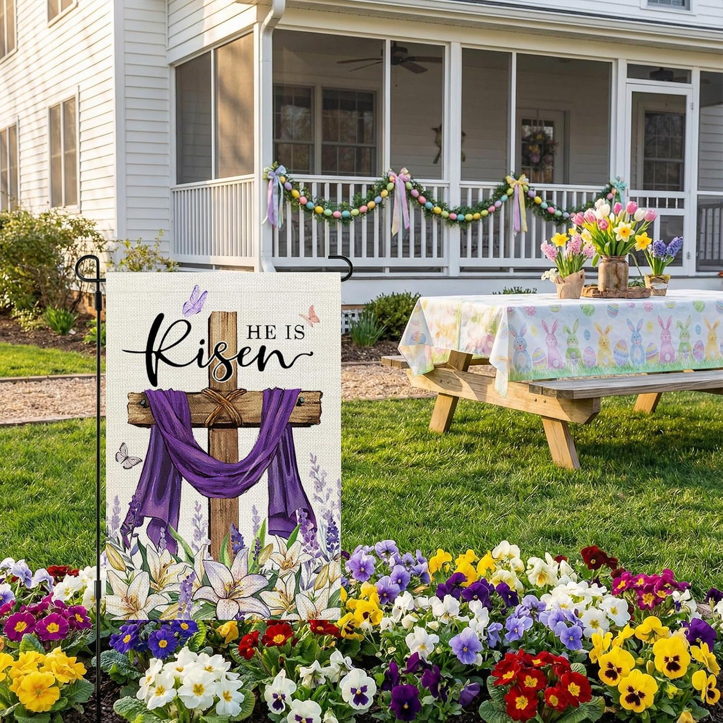 CROWNED BEAUTY Easter Garden Flag He is Risen 12x18 Inch Double Sided Holiday Decoration for Outdoor Lawn Yard WN420