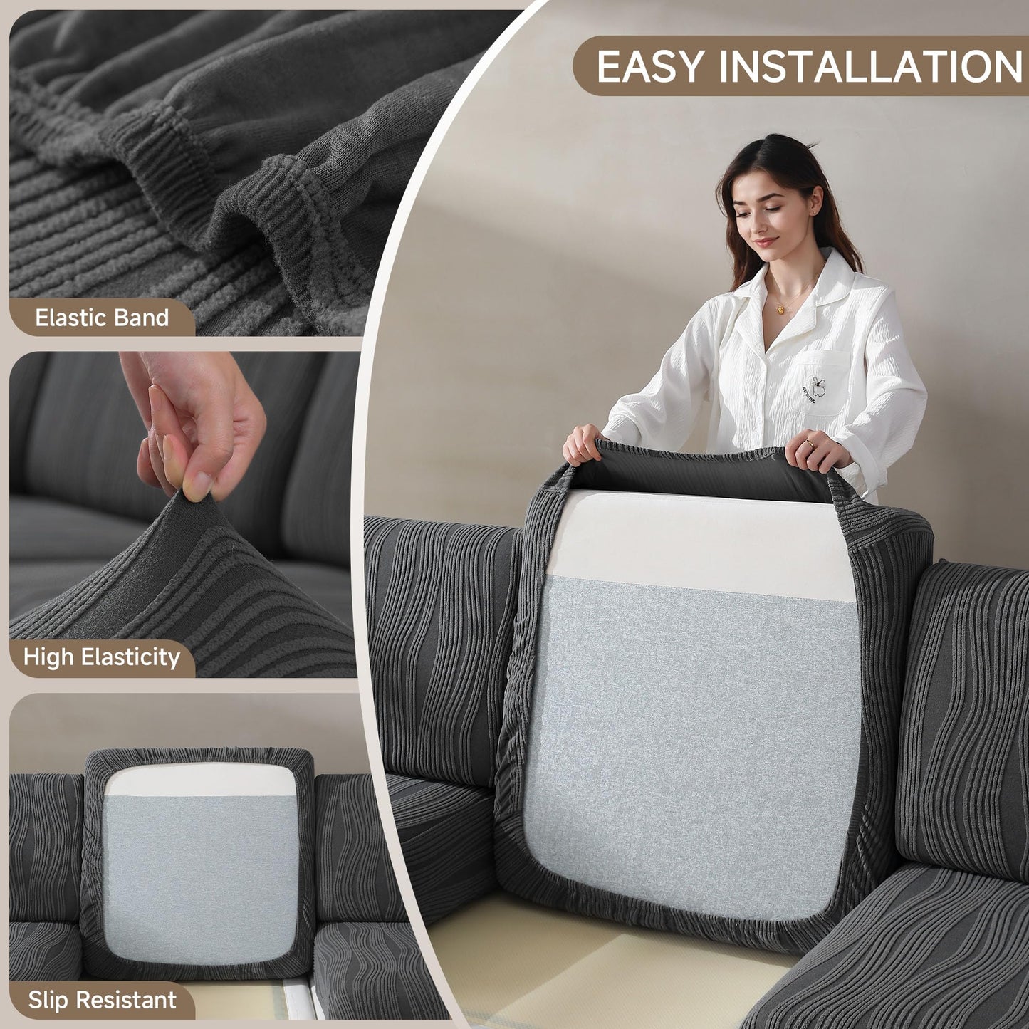 QIANMEW Couch Cushion Covers, Super Stretch Washable Sofa Slipcovers for L Shaped & Modular Seats, Pet-Friendly Furniture Protector with Stripe Design, (2 Seat Covers S, Dark Gray) BST326H