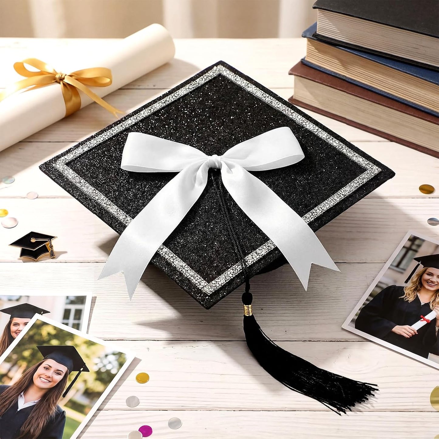 Dunzoom Black DIY Graduation Cap Decorations Kit Rhinestone Grad Cap Topper with Tassel White Bow Glitter Graduation Hat for Class of 2026 Graduate Ceremony Adult Grad Party Gift Art Craft WN420