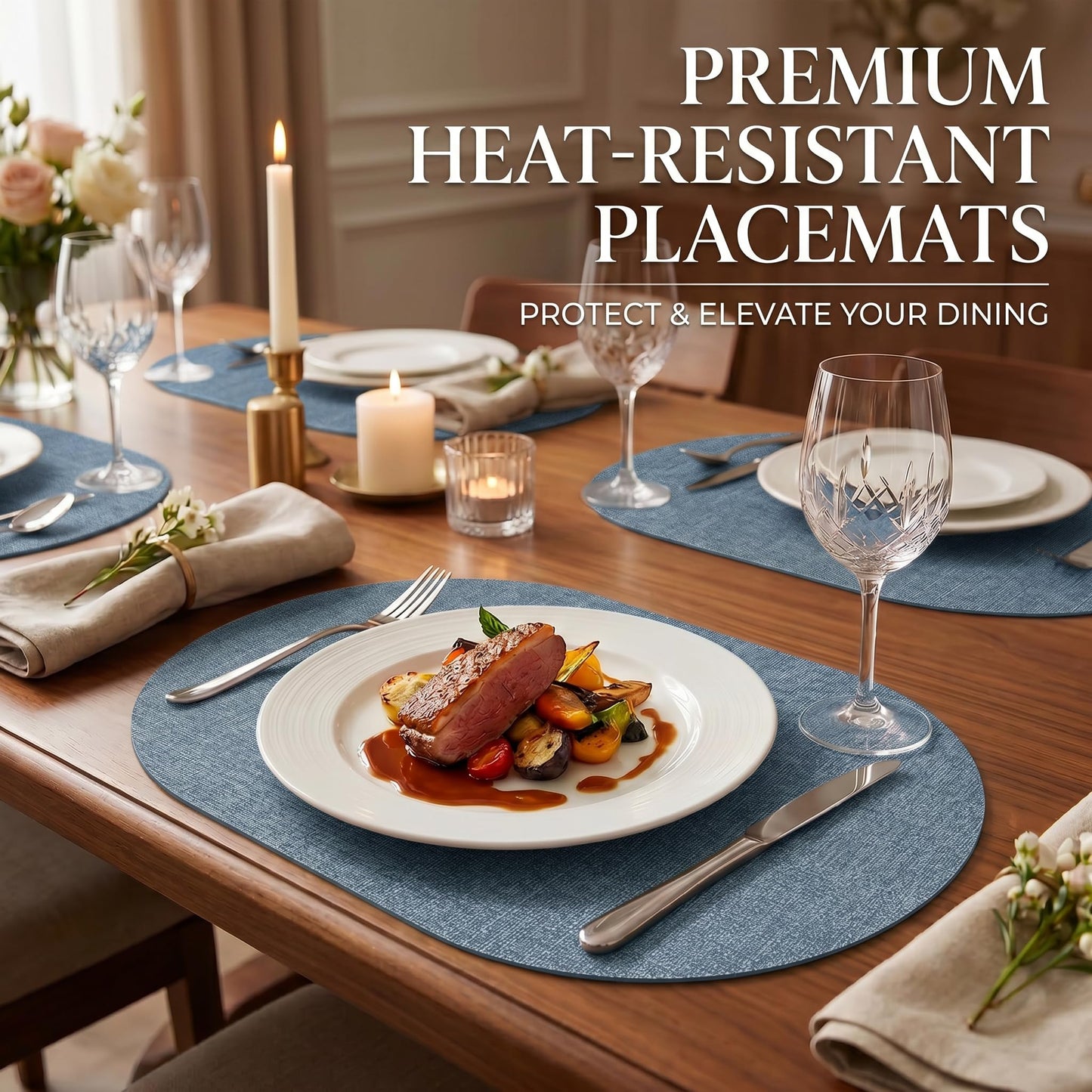 Faux Leather Placemats Set of 6, Wipeable Waterproof Stain Resistant Table Mats, Heat Resistant Thick Placemats with Hand-Painted Edges for Kitchen Dining, Imitative Linen Texture, Various Shapes BST326H