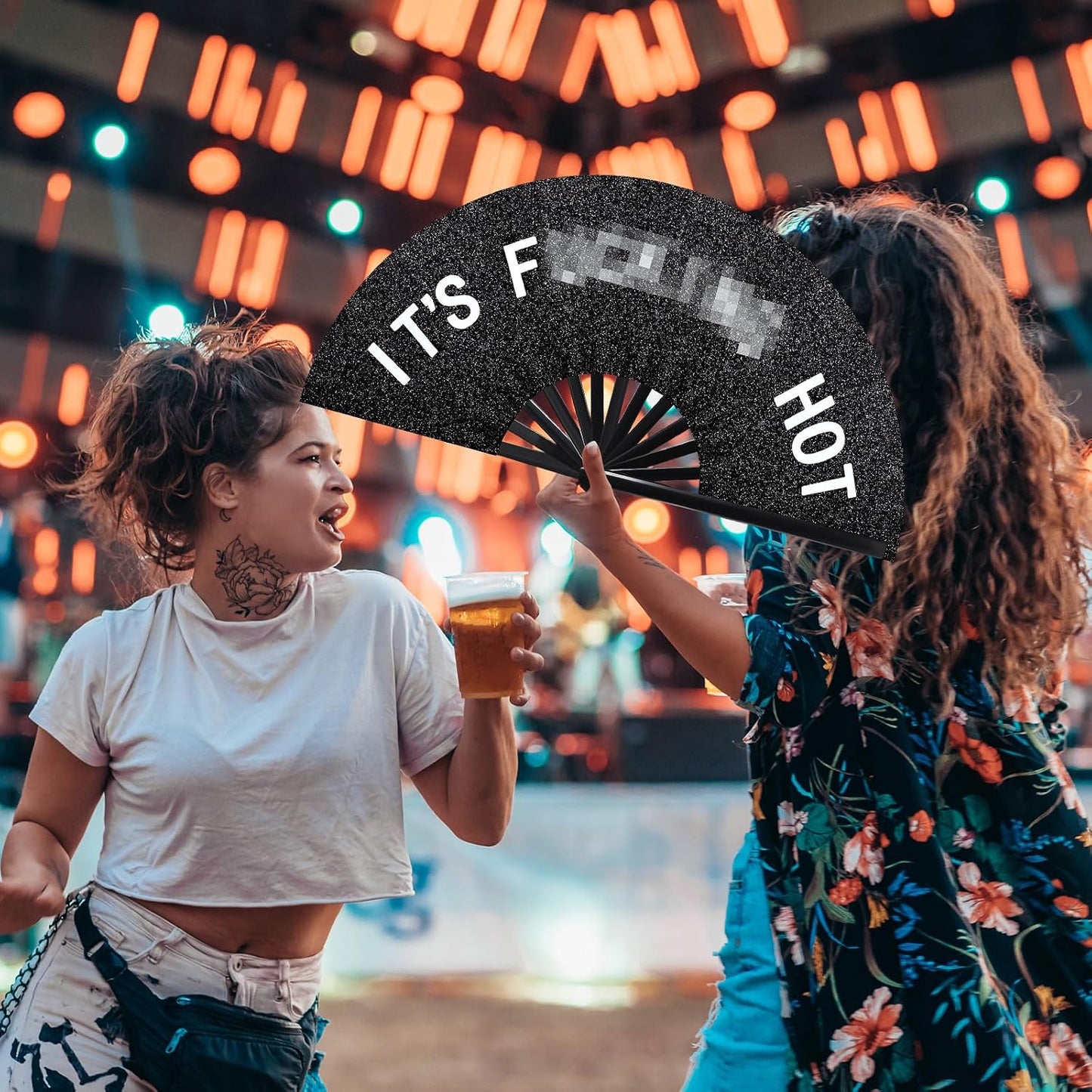 FairySandy Large Rave Fan UV Glow Clack Summer Hand Fan with Thigh Holster for Women Carnival Party Supplies for Carnival Edm Music Festival Club Accessories(Cool Style,Black) WN420
