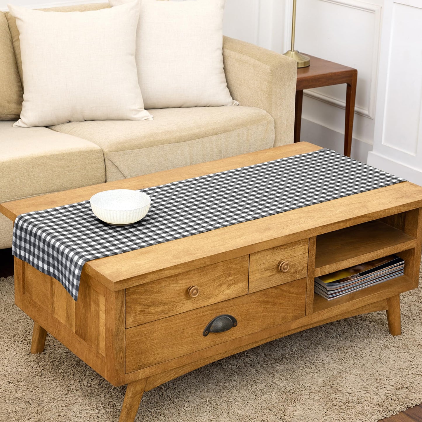 Solino Home 100% Pure Linen Table Runner Apricot, Gingham Check 14 x 36 in | Table Runners for nightstands, end tables, coffee tables and dressers | checkered weave, mitered corners | OEKO-TEX Certified BST326SOLH