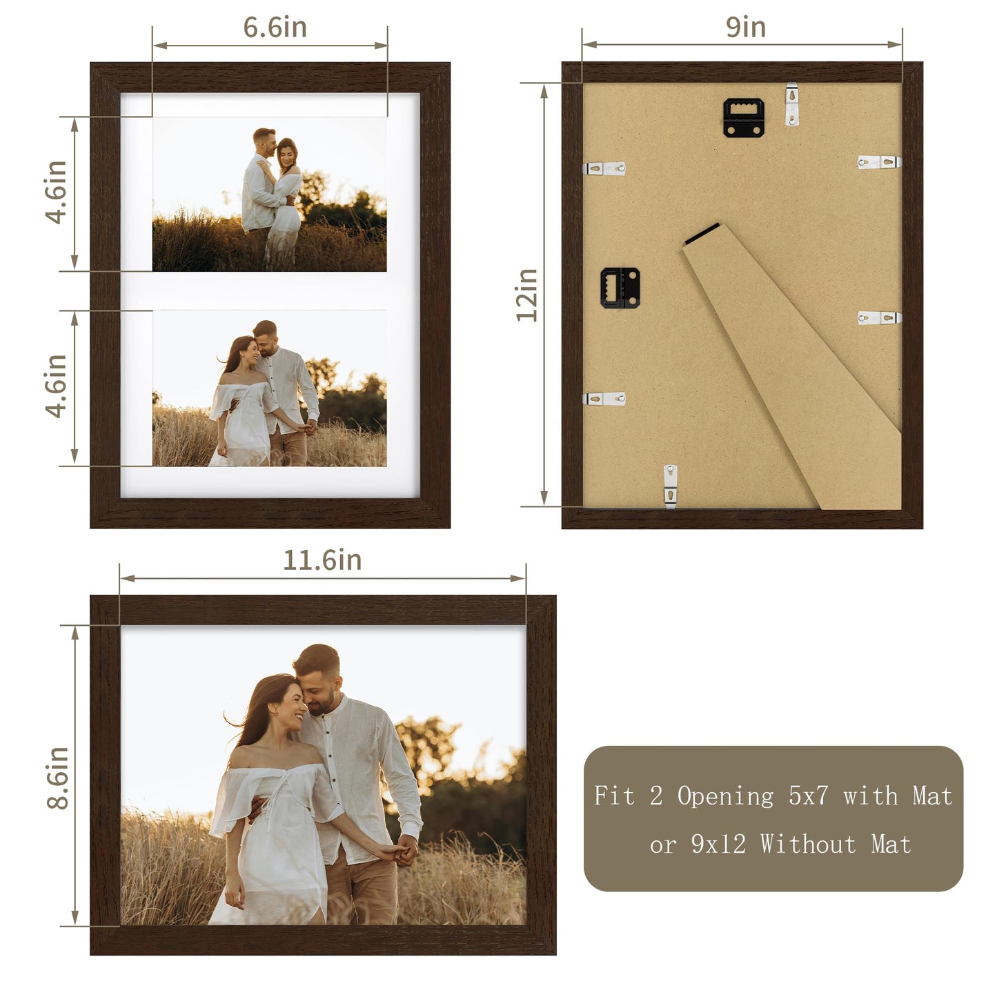 YESKAY 12x16 Picture Frame - 12 x 16 Photo Frame Made of Solid Oak Wood and Real Glass,Display Picture 4 Opening 5x7 with Mat or 12x16 Without Mat for Wall Mounting(Color Walnut) BST326H