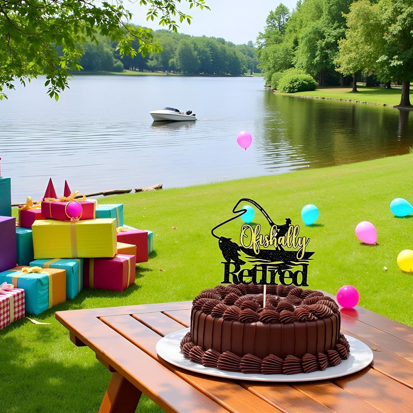 Sleyberoy ‌Officially Retired Cake Topper - Fishing Cake Topper, Gone Fishing Fisherman Themed Retirement Party Supplies WN420