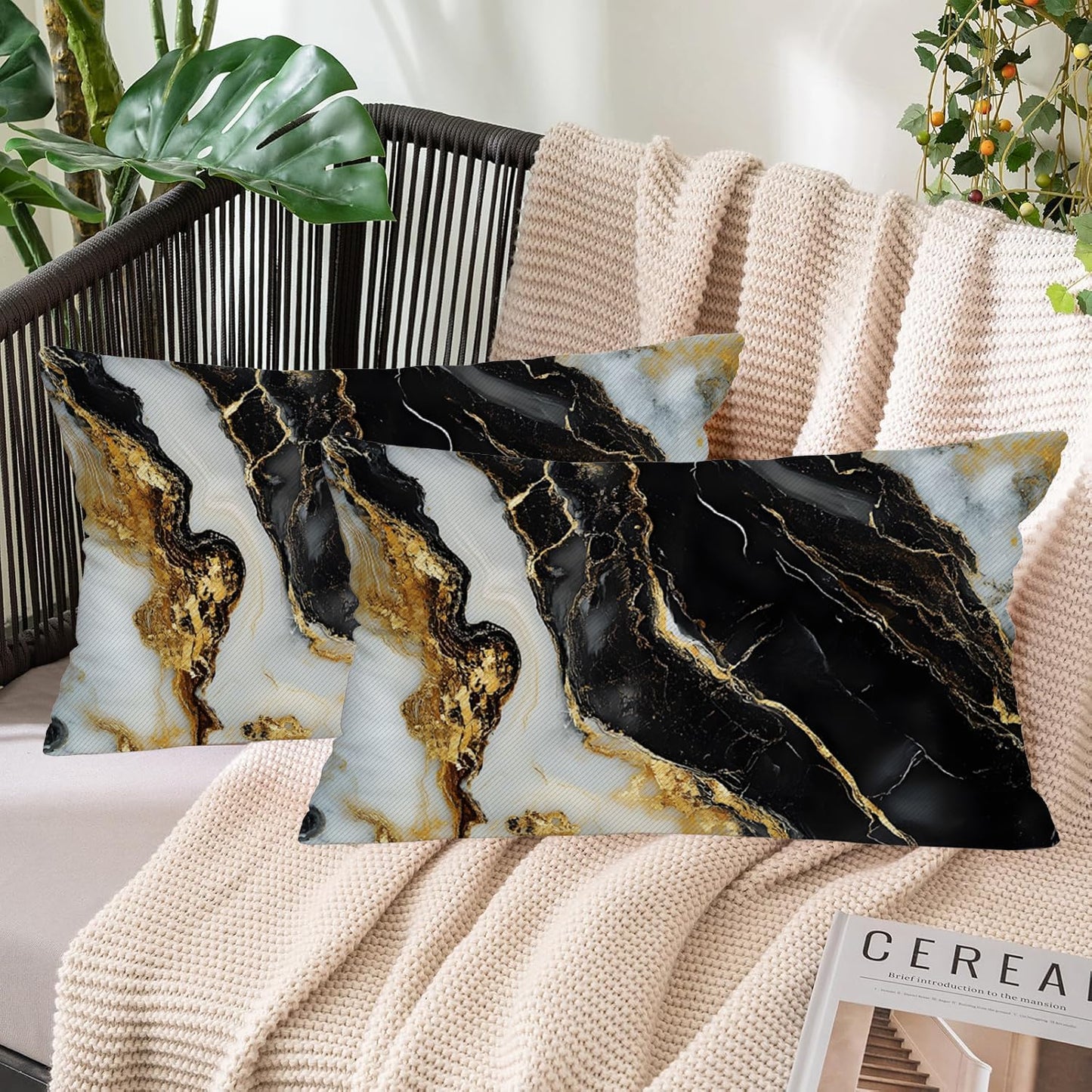 Fukeen Waterproof Marble Gold and Black Pillow Cover 12x20 Inch Set of 2 Throw Pillow Covers Farmhouse Outdoor Patio Garden Decorative Pillow Cushion Case Abstract Art Modern Home Decor BST326H