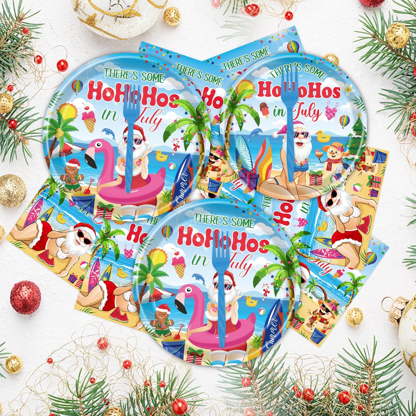 Gameza July Christmas Party Decorations Tableware, 96PCS There's Some Hohoho's in July Disposable Paper Plates and Napkins Decoration, Summer Xmas Beach Forks Decor Supplies Serves 24 BST220