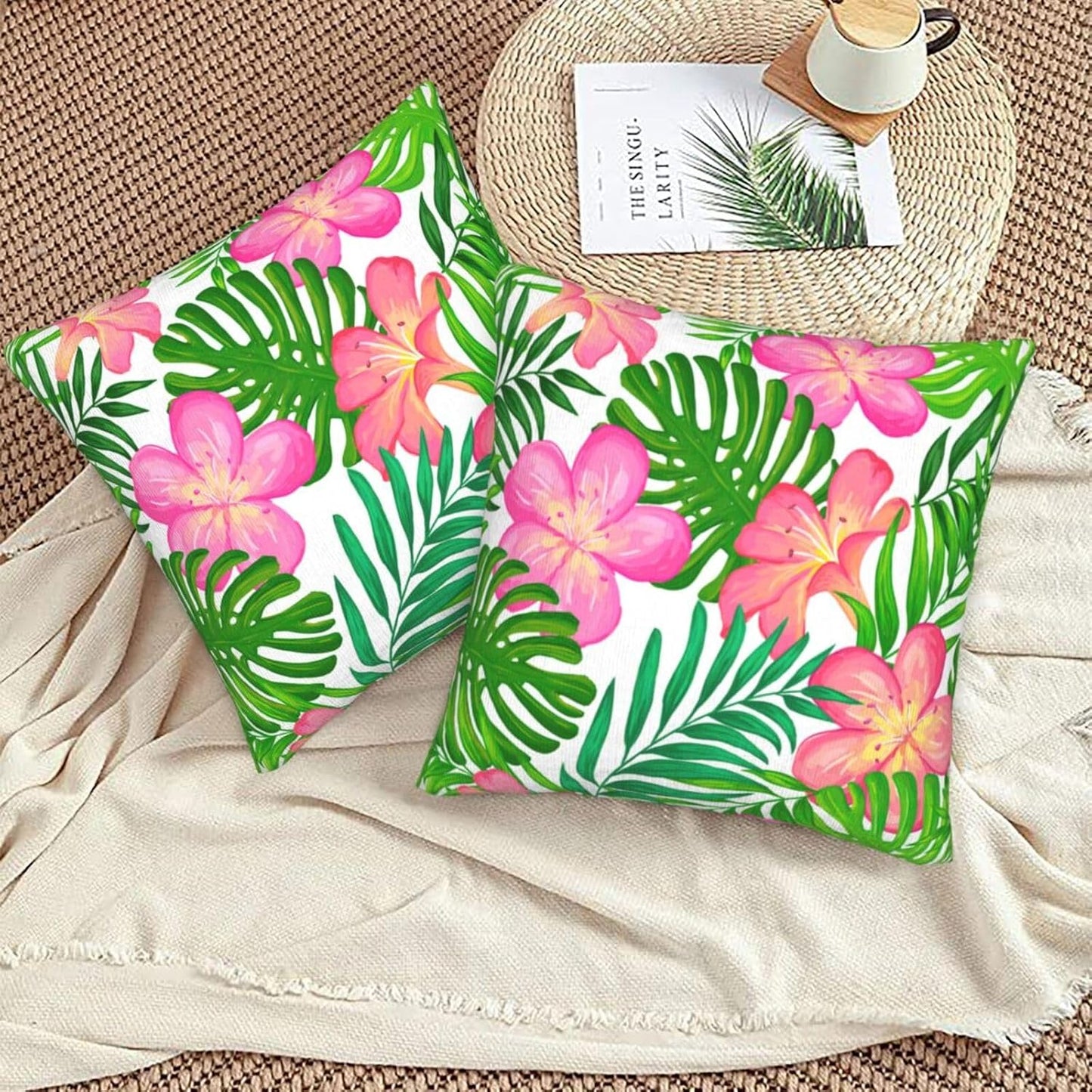 Plumeria Flowers and Palm Leaves Throw Pillow Cover 18x18 Inch Tropical Theme Decorative Pillow Cases Soft Throw Pillows for Living Room Bedroom Sofa Couch Cushion Cover Set of 2 BST220