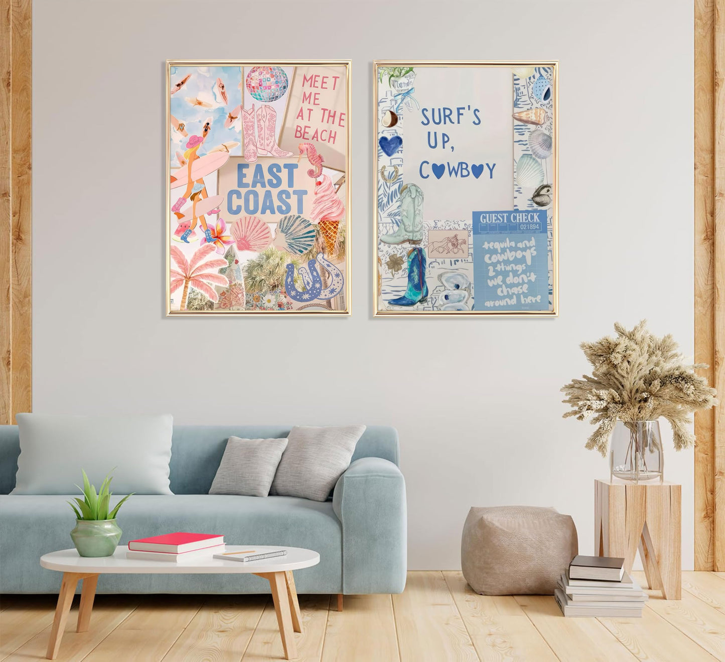 2PCS Pink And Blue Coastal Cowgirl Wall Art Surfboart Wall Decor Unframed | Coastal Girl Posters Beach Pictuers Cowboy Boots Prints for College Girls Dorm Bathroom Gallery Bedroom BST202