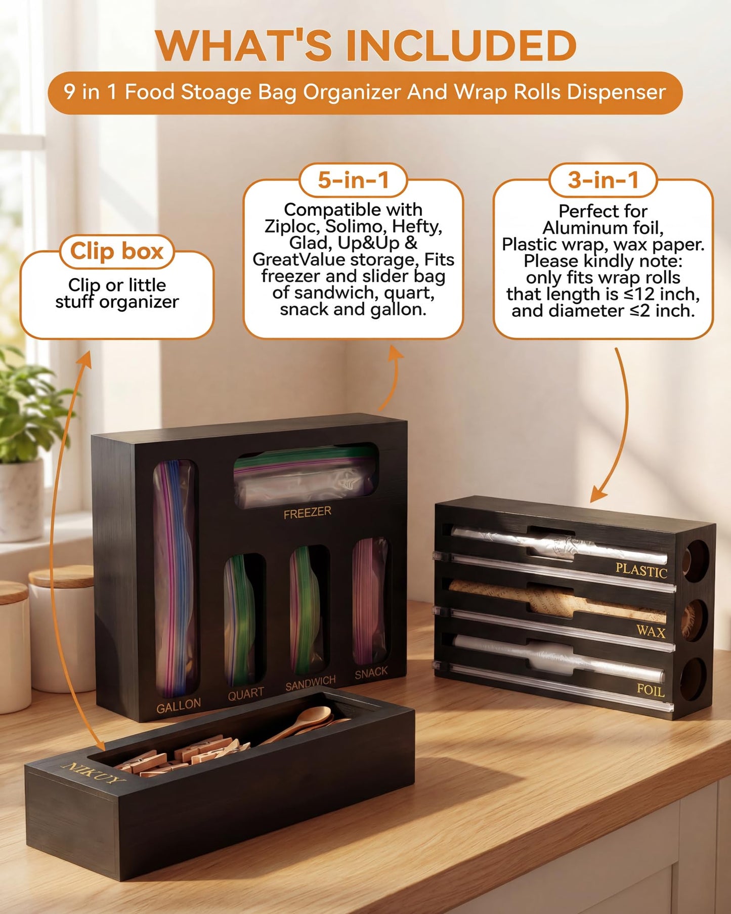 Bamboo Foil and Plastic Wrap Organizer for Kitchen Drawer, 9 in 1 Plastic Bag Organizer Organization and Storage, Food Storage Bag Organizer with Labels for Quart Gallon Snack (White) DD1210