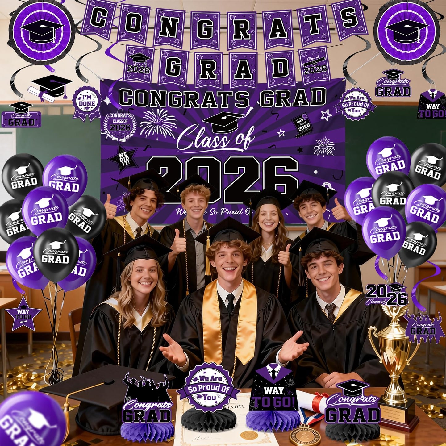 Graduation Decorations 2026-Blue and Black Graduation Party Decorations Supplies Class of 2026 with Graduation Banner, Backdrop, Balloons, Centerpieces, Hanging Swirl for Grad Party BST326H