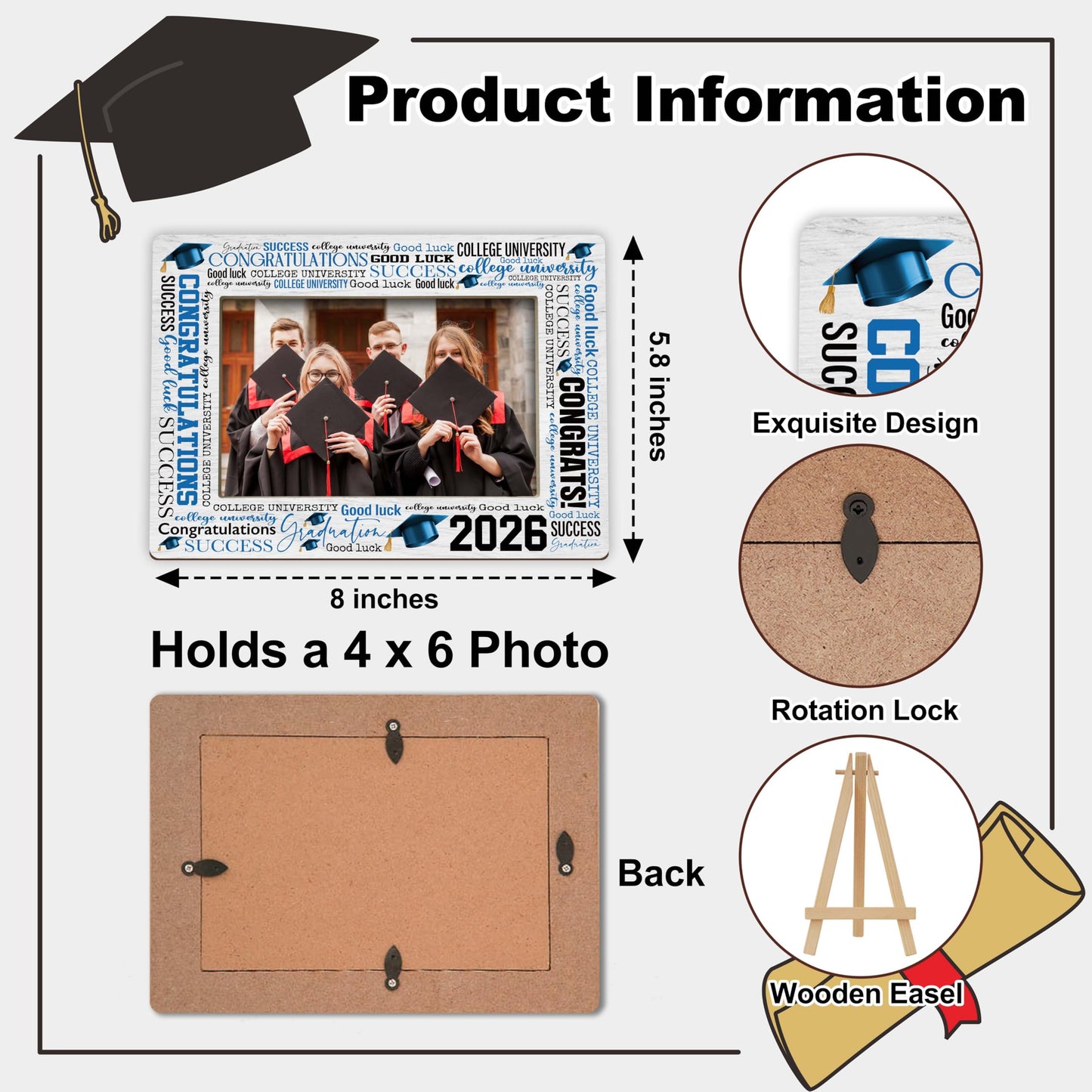 Graduation Picture Frame, 2026 Graduation Frames with Easel, 4x6 Photo Insert for Party Tabletop Display, Congrats Grad Gifts for Her Him High School College - B04 BST220