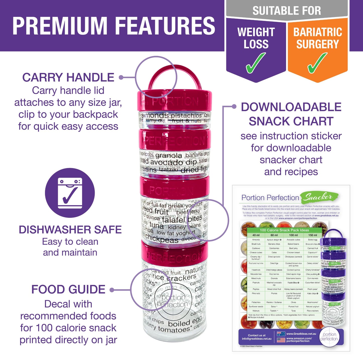 100 Cal Stackable Snack Containers for Weight Management, Food Portion Control Containers for Weight Control with Instructions for Men, Women and Bariatric Must-Haves (Purple) BST326H