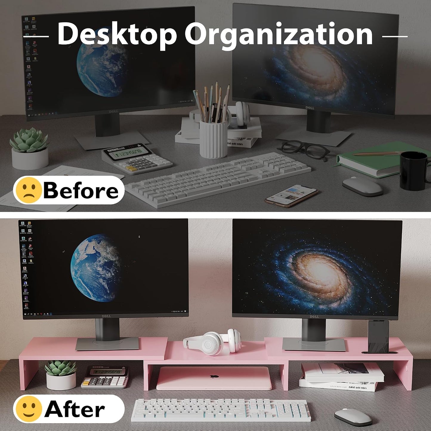BONTEC Dual Monitor Stand Riser, Adjustable Length & Swivel Angle, Pink | Ergonomic Wooden Desktop Organizer with Smartphone Holder, Computer Monitor Stand for PC, Laptop, Printer and Large Storage BST202