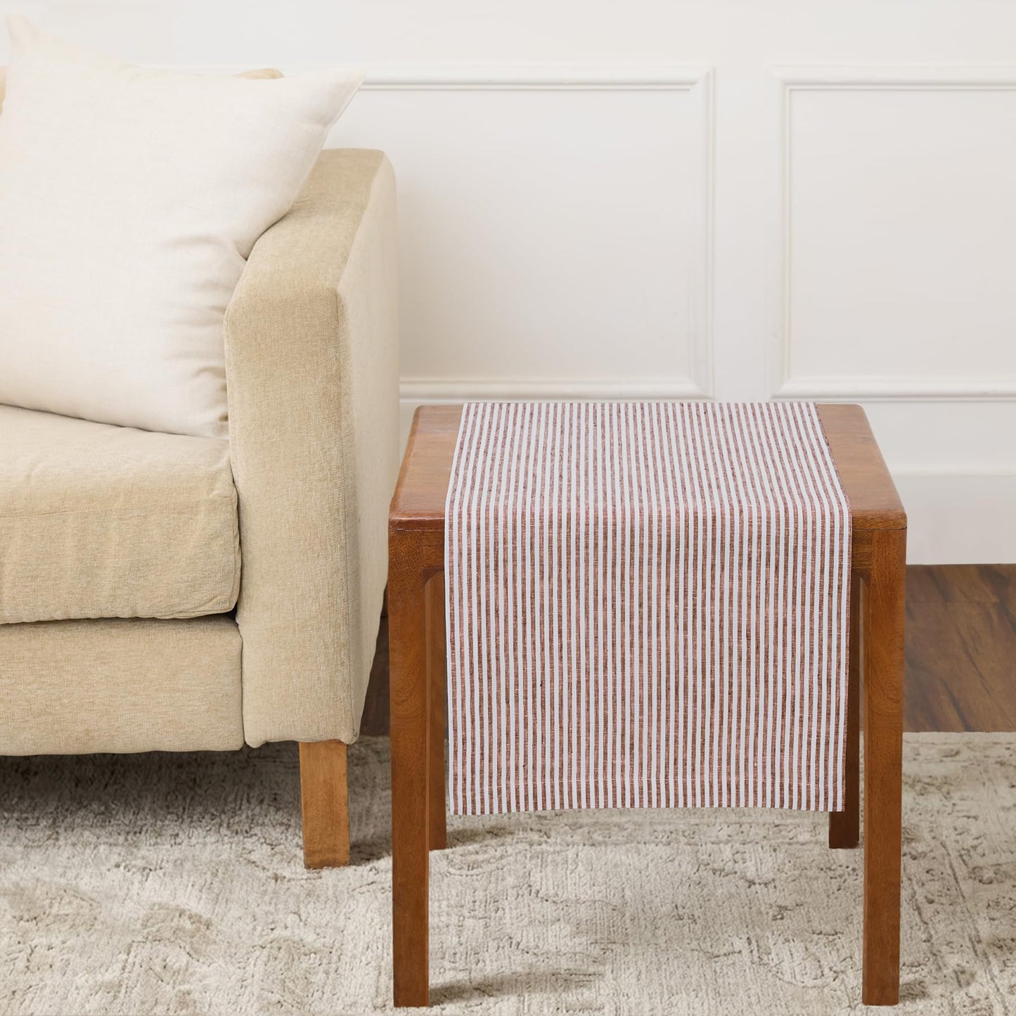 Solino Home 100% Pure Linen Table Runner Stripe Striped, Julia 14 x 72 in | Table Runners for dining, hallway and console tables; woven stripe, mitered corners; Muted Pastel Stripe; OEKO-TEX Certified BST326SOLH