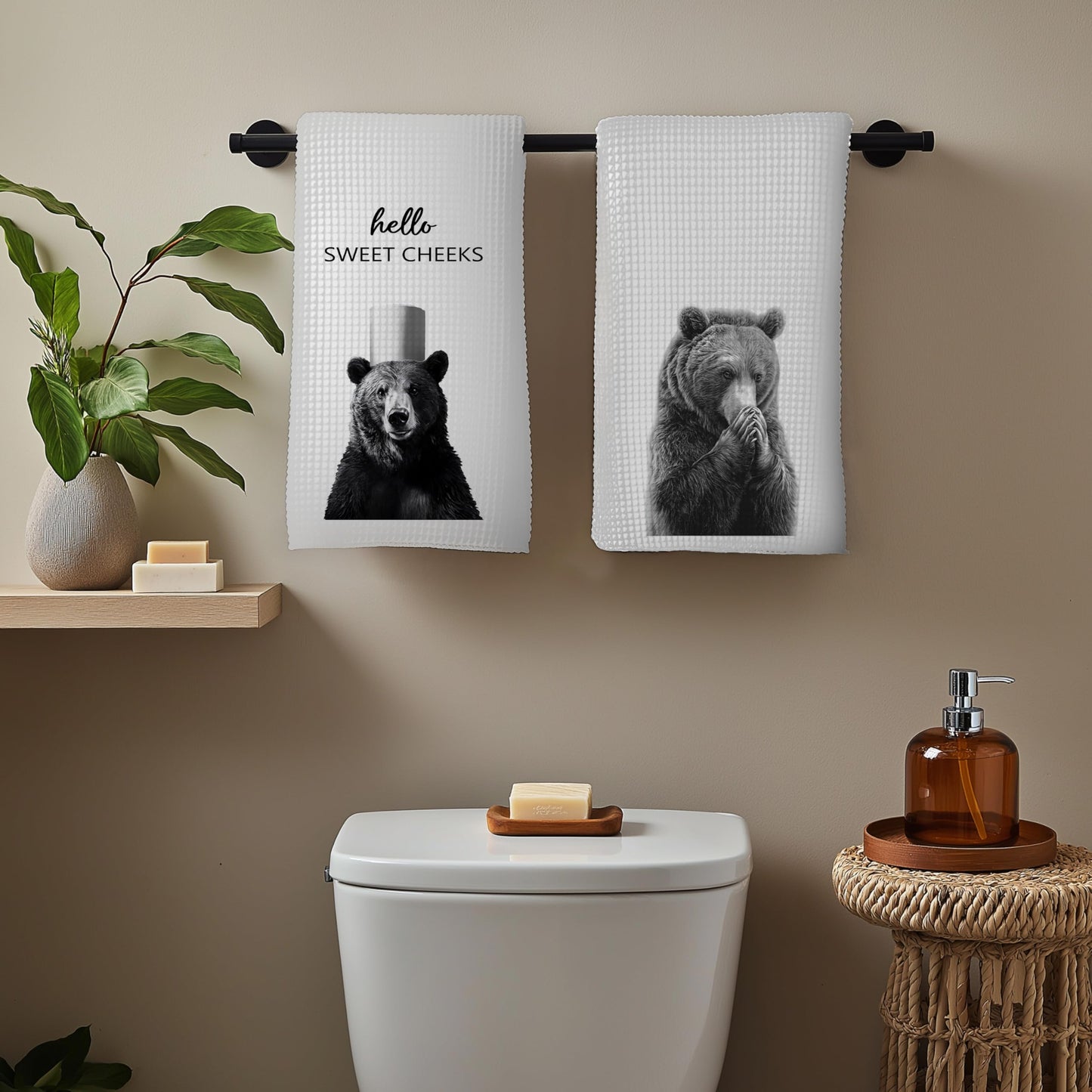 Funny Bear Bathroom Hand Towels Set of 2, Hello Sweet Bear Bathroom Decor, Funny Wild Animal Hand Towels for Washroom Restroom Decor, 16x24 Inch BST326L