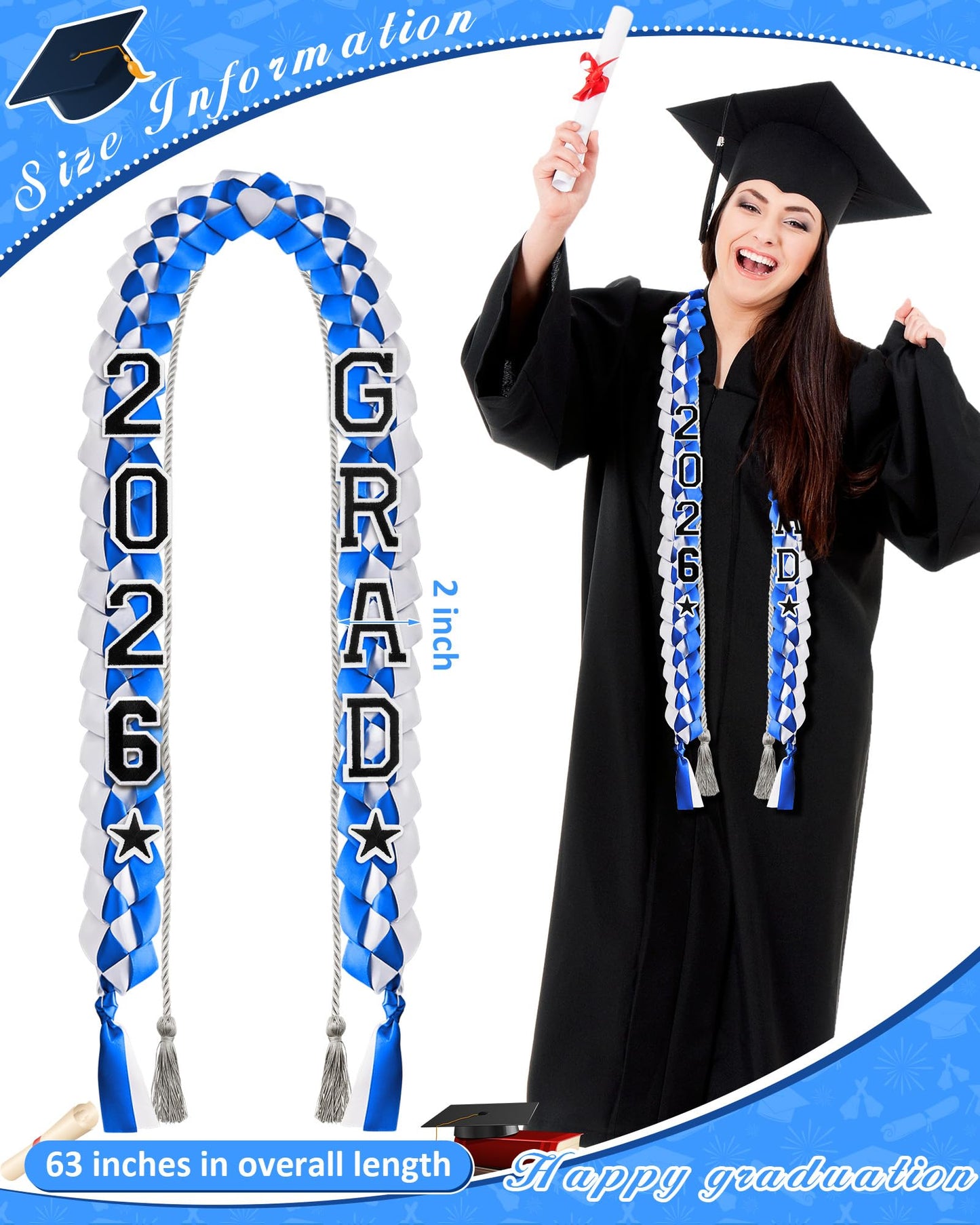 Cindeer 2026 Graduation Ribbon Lei Set Handmade Braided Necklace Honor Cord with Tassel 2026 Grad Embroidery Patches for High School College Graduation Party Supplies(Black, Red) BST220