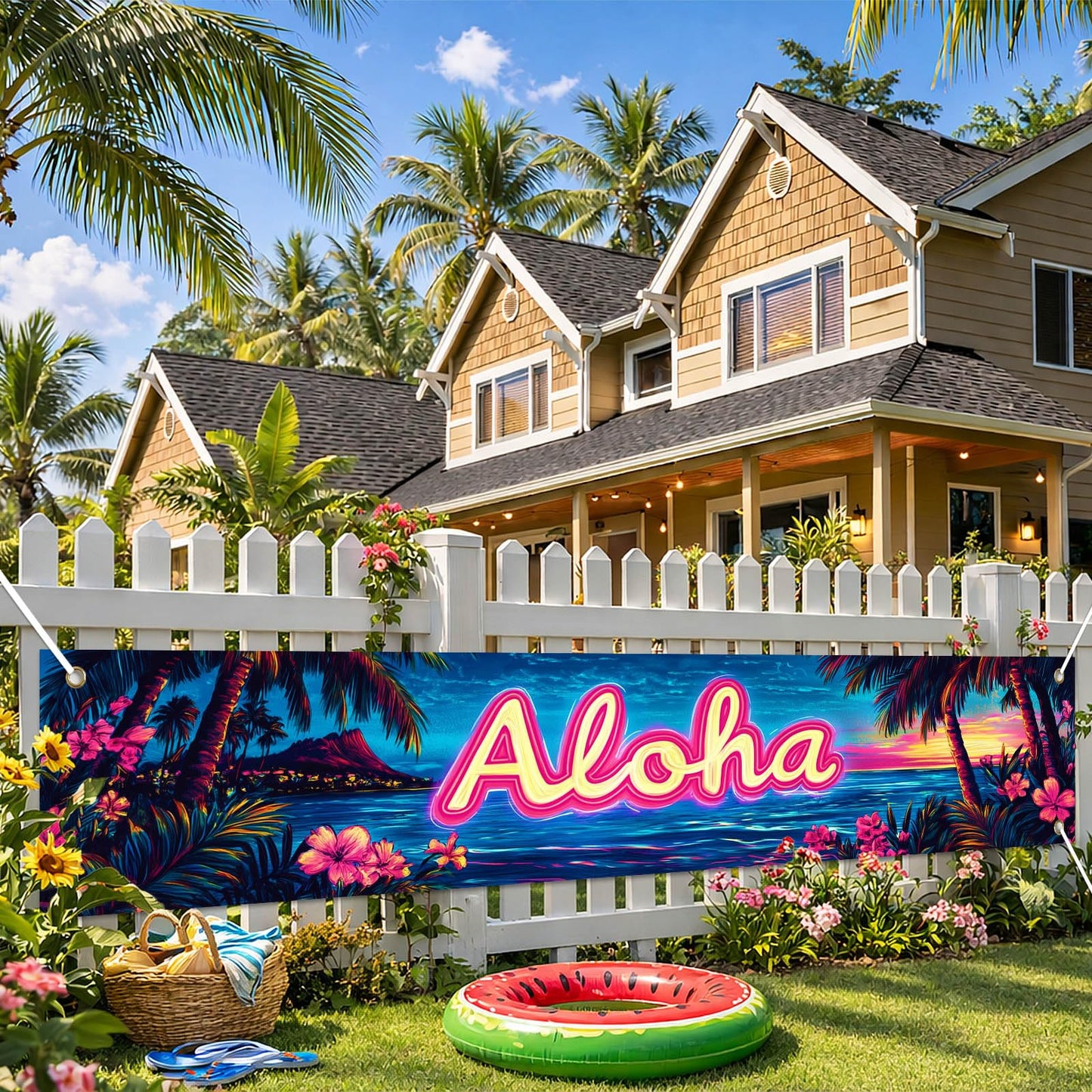 BlissYard Hello Summer Banner 118 x 20 Inch Pool Party Decorations Beach Surfboard Watermelon Tropical Fence Sign Hawaiian Luau Outdoor Backyard Wall Decor BST220