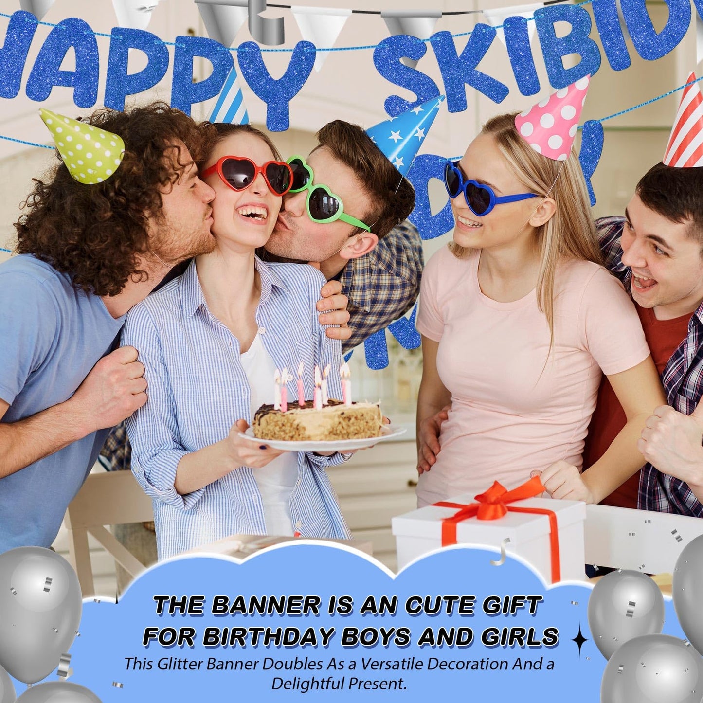 Fulmoon Pre Strung Happy Skibidi Birthday Sigma Banner Glitter Funny Zoomer Gen Z Slang Birthday Party Supplies Gen Z Slag Party Decorations Sign Gift(Champagne Gold) WN420