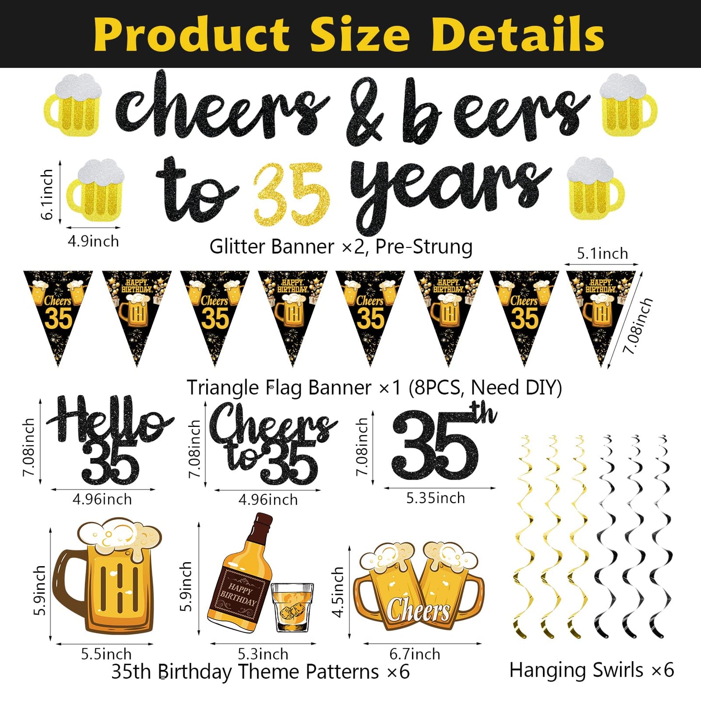 Black Gold 90th Birthday Decorations for Men Women, Glitter Pre-Strung Cheers to 90 Years Banner Hello 90 Hanging Swirls Paper Triangle Flag Banner Decorations Bday Party Supplies Kit WN420