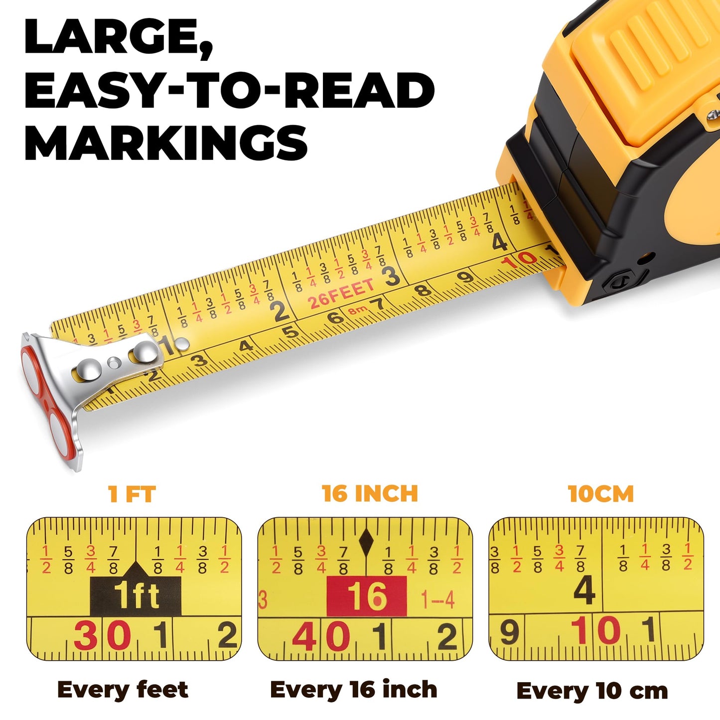 MulWark 25ft Metric Tape Measure, Measuring Tape Retractable, Easy Read Measurement Tape Both-Side Metal Blade, Magnetic Hook & Shockproof Case for Construction, Carpenter, Architect, Woodworking