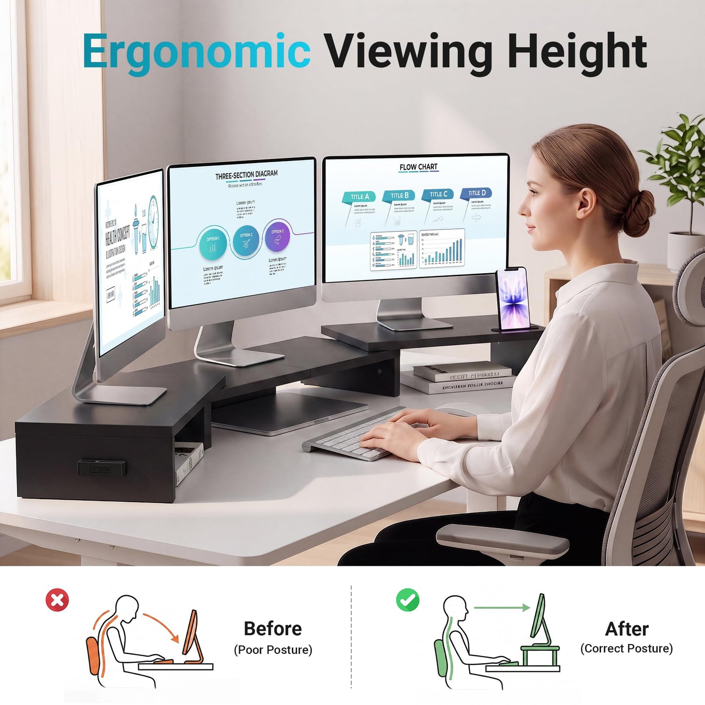 BONTEC Dual Monitor Stand Riser, Adjustable Length & Swivel Angle, Pink | Ergonomic Wooden Desktop Organizer with Smartphone Holder, Computer Monitor Stand for PC, Laptop, Printer and Large Storage BST202