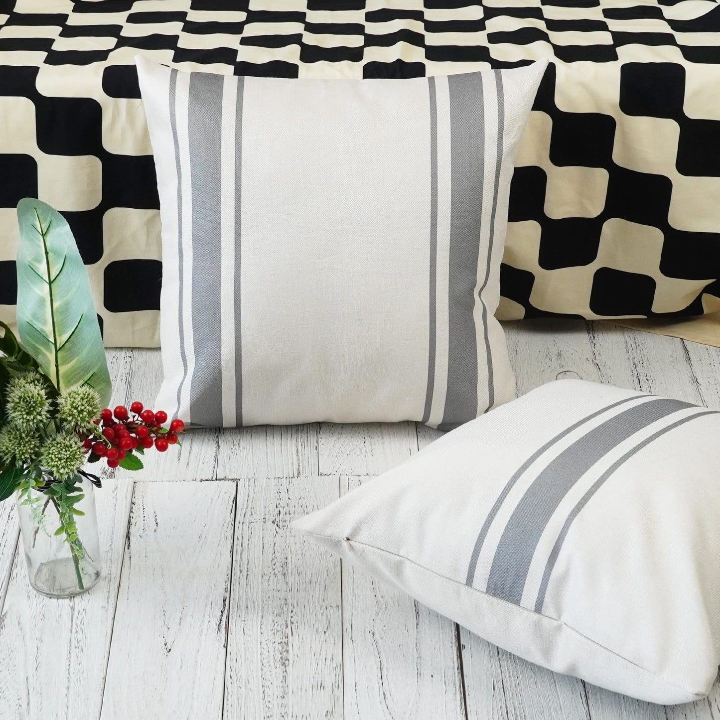 ONWAY Outdoor Pillow Covers Waterproof 18x18 Set of 2 Decorative Linen Throw Pillow Cover Beige and Black Striped Outdoor Pillows for Patio Furniture BST220
