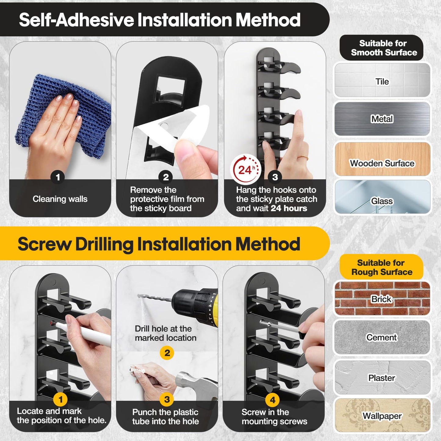 Hat Hook for Wall, 2 Pack Hat Organizer Hold up to 20 Hats,Hat Holder with Strong Adhesive and 8 Pack Screws, Cap Holder Hat Hangers for Wall Closet Door and Bedroom(B-Black) BST220