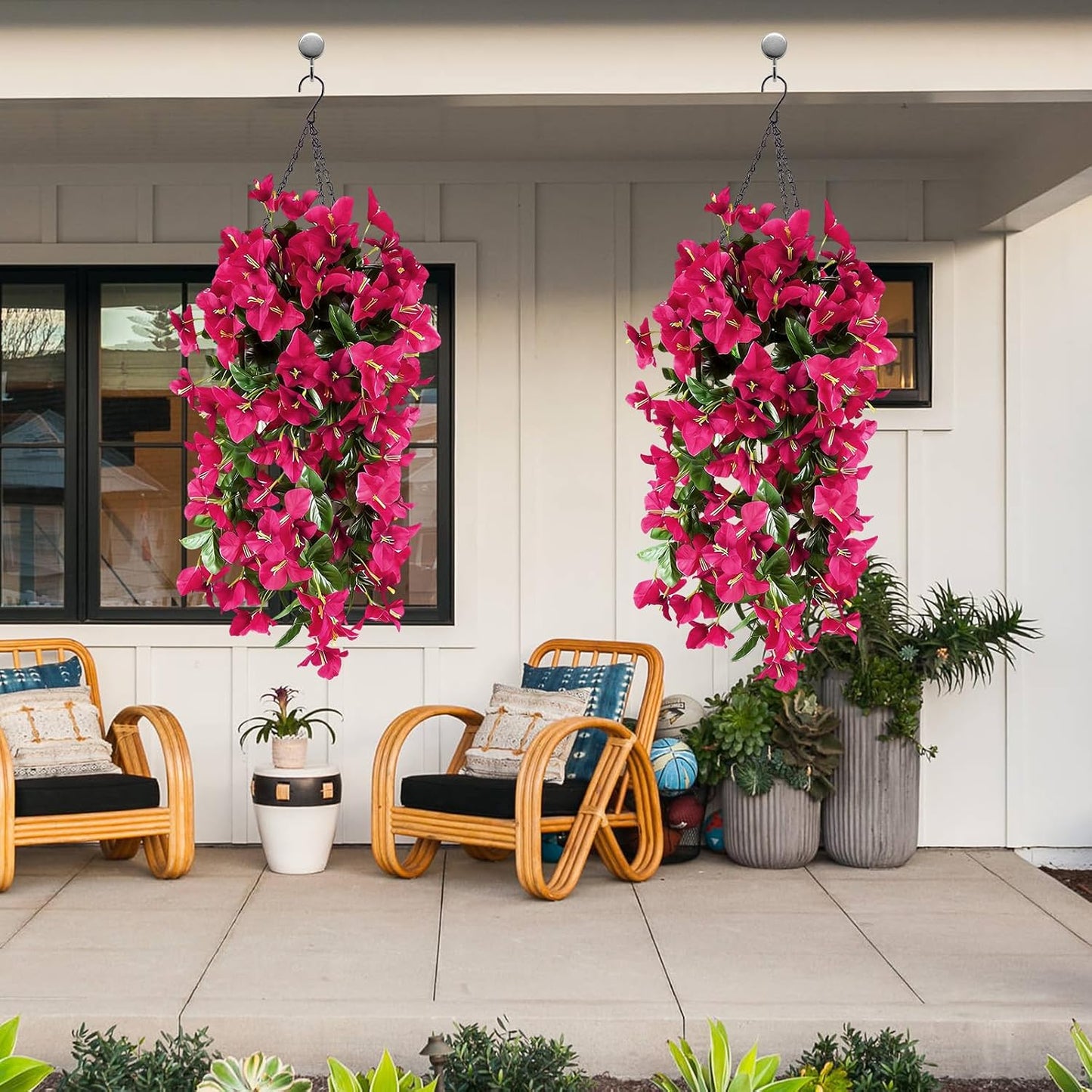 2 Pack Artificial Bougainvillea Flowers for Outdoors Decorations, Fake Hanging Plants, Faux Outside Flowers UV Resistant for Baskets Home Front Door Porch Patio Balcony Yard(Hot Pink) BST202