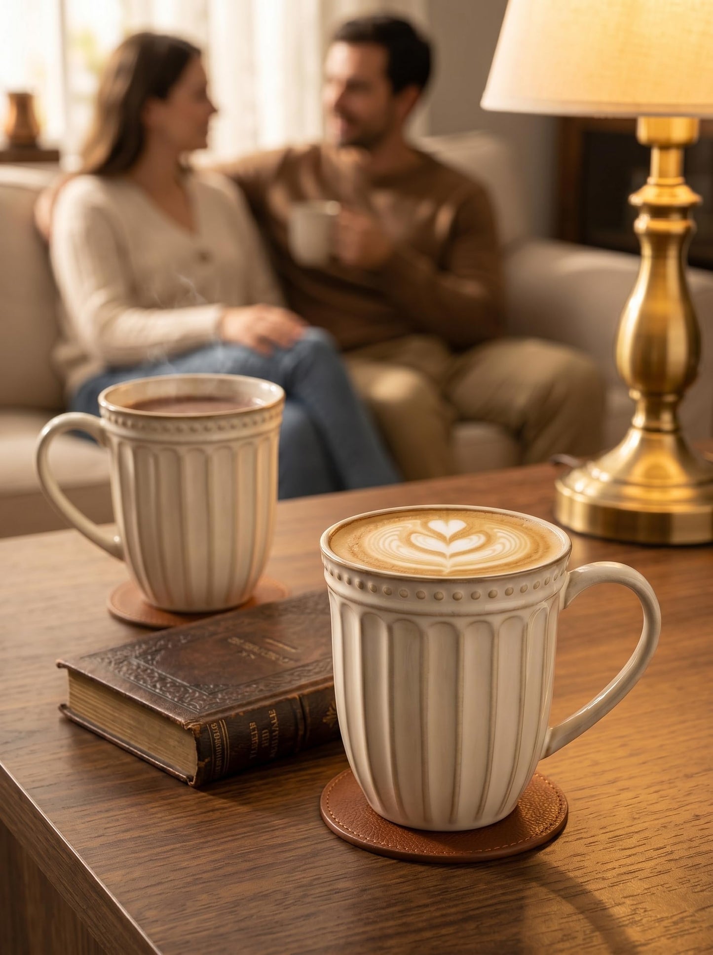 HASENSE Textured Large Coffee Mugs Set of 4, 16 Oz Ribbed Ceramic Cups with Large Handle for Latte Tea Cappuccino, Stackable Embossed Mug Set for Mom Dad, Microwave Dishwasher Safe, Creamy White BST220