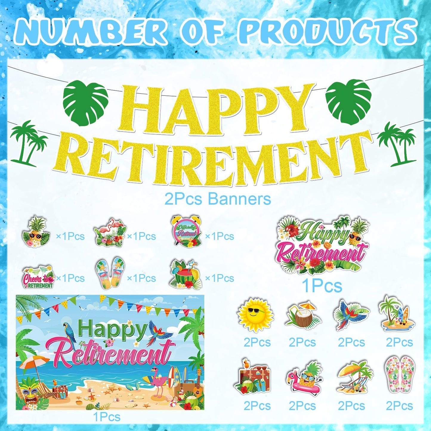 Rngmsi Hawaiian Retirement Party Decorations - 26 Pcs Happy Retirement Banner Decorations Set with Backdrop Hanging Swirls Cupcake Toppers Cake Topper, Aloha Tropical Summer Beach Party Decor Supplies WN420