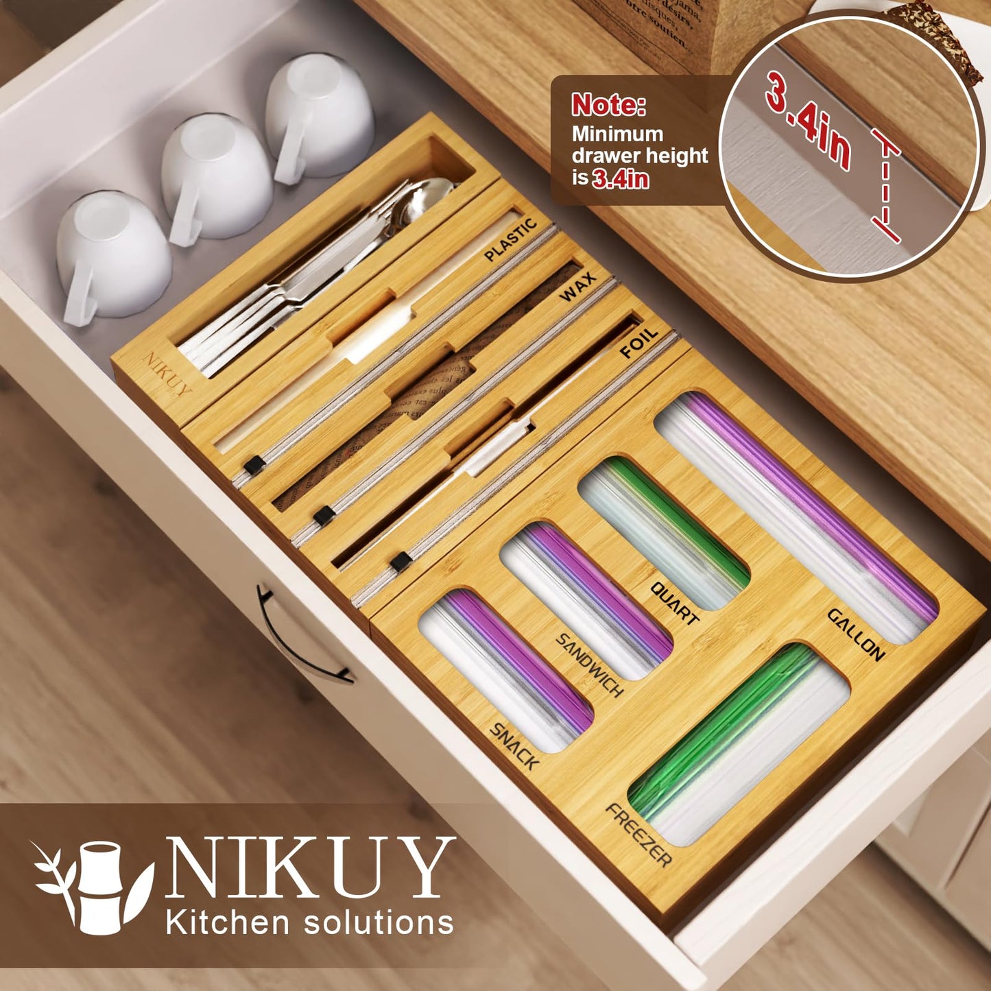Bamboo Foil and Plastic Wrap Organizer for Kitchen Drawer, 9 in 1 Plastic Bag Organizer Organization and Storage, Food Storage Bag Organizer with Labels for Quart Gallon Snack (White) DD1210
