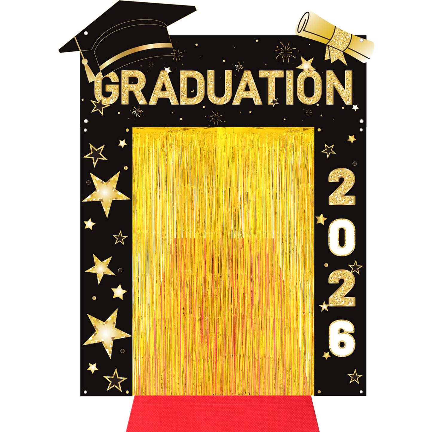 HunnmingRe 7 Pcs 2026 Graduation Party Decoration Include Class of 2026 Graduation Door Porch Banner, Gold Fringe Curtain, Red Carpet, Grad Photo Backdrop for College School(Red) BST202
