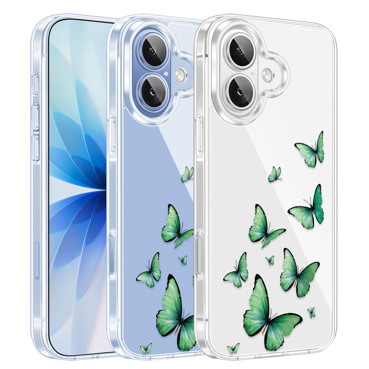 Cute Girly Crystal Clear Case Compatible with iPhone 16 Pro, Camera Control & Shockproof Protection Floral Case for Women, Blue Butterflies WN420