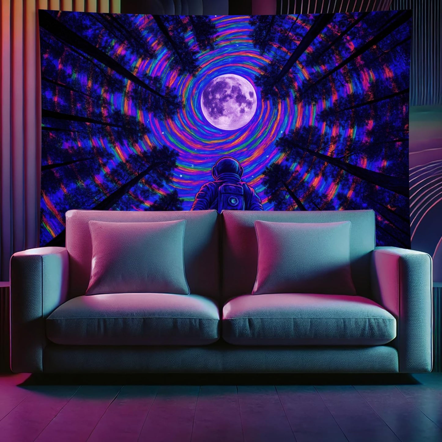 Starlit Patio Astronaut Blacklight Tapestry Trippy Forest Moon Vortex UV Reactive Galaxy Wall Hanging Psychedelic Space Poster Fluorescent Sci Fi Room Decor for Bedroom Dorm Gaming Lounge 78 x 59 Inch BST220