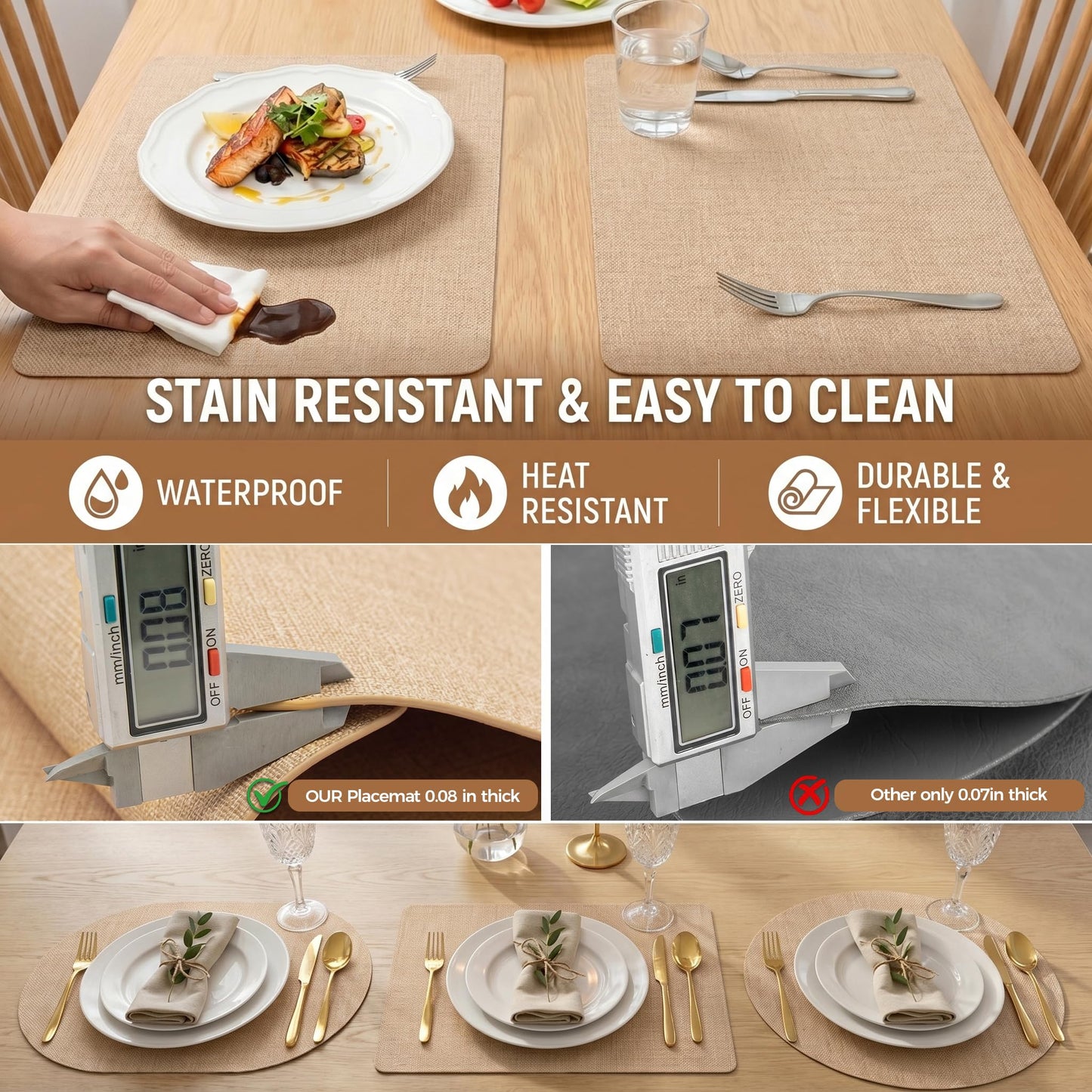 Faux Leather Placemats Set of 6, Wipeable Waterproof Stain Resistant Table Mats, Heat Resistant Thick Placemats with Hand-Painted Edges for Kitchen Dining, Imitative Linen Texture, Various Shapes BST326H