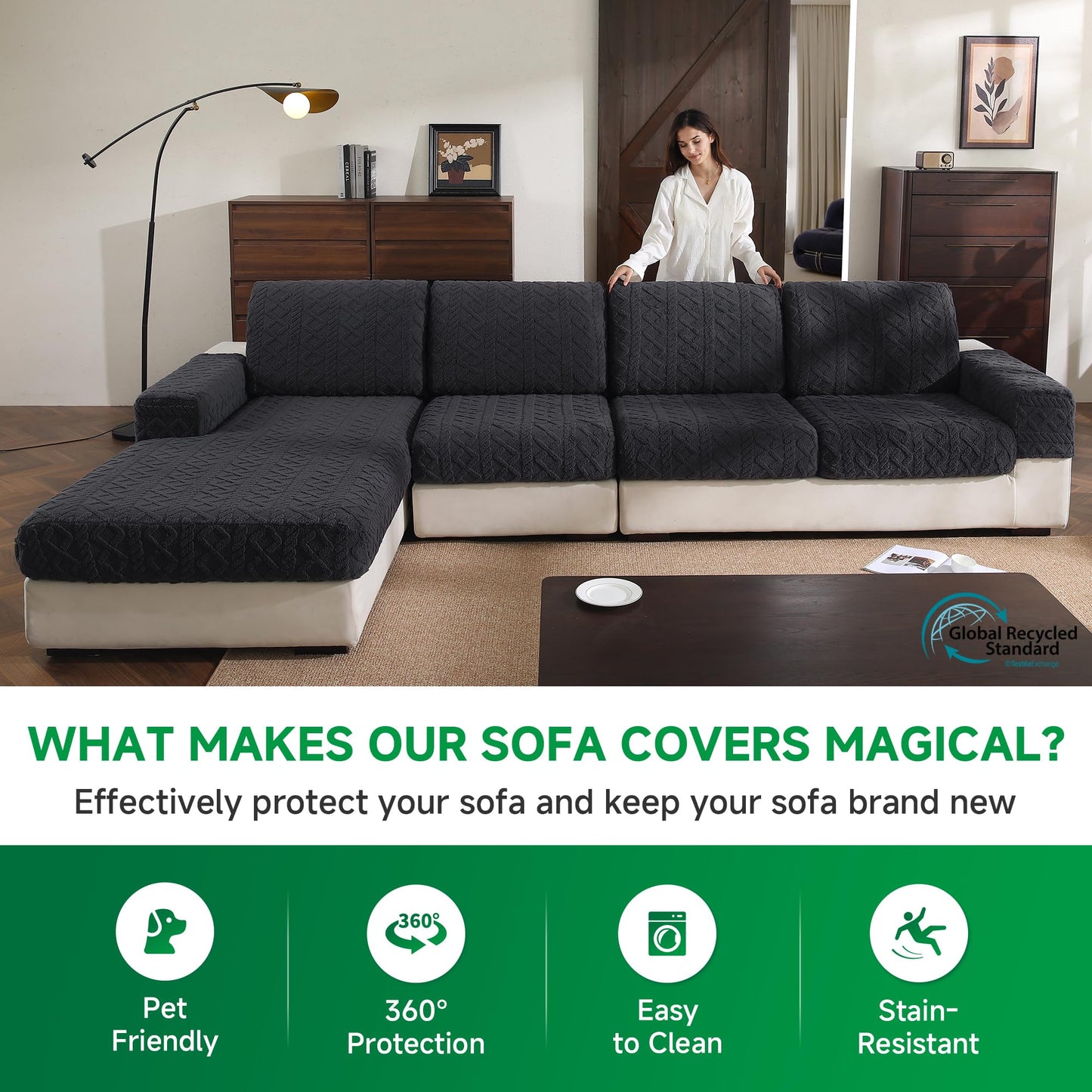 OHSIO Couch Cover, Stretch Sofa Cover, Soft Seat Cushion Covers Washable, Sectional L Shape Sofa Slipcover, Wear Stain Resistant Pet Friendly Furniture Protector for Home (1 Seat Cover L, Dark Gray) BST326H