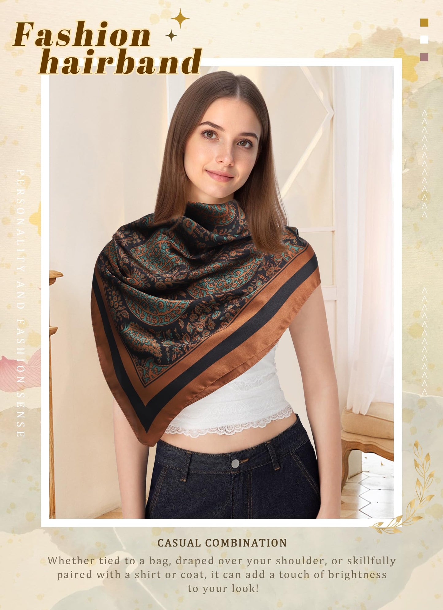 CHLINS 27.5” Square Head Scarf for Women Satin Hair Scarf Silk Wrap Neck Scarves Bandanas for Handbags Accessories WN420
