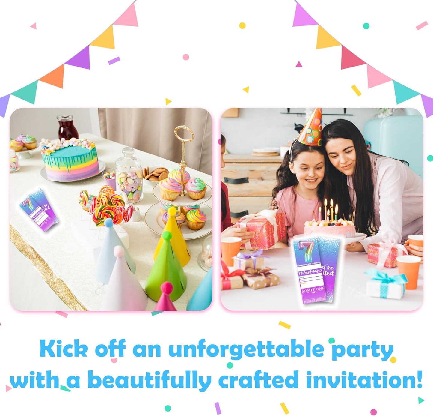 7th Birthday Party Invitations - 3’’ x 8’’ Rainbow Foil Balloon Invites Cards - 20 Double-Sided Fill-in Vip Tickets With 20 Envelopes For Girls Teens - Birthday Party Supplies Decorations - B02 BST326L