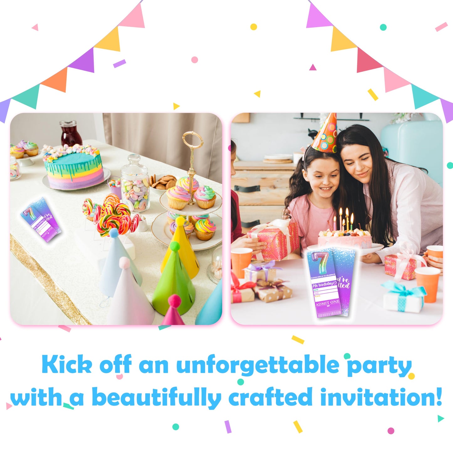 7th Birthday Party Invitations - 3’’ x 8’’ Rainbow Foil Balloon Invites Cards - 20 Double-Sided Fill-in Vip Tickets With 20 Envelopes For Girls Teens - Birthday Party Supplies Decorations - B02 BST326L