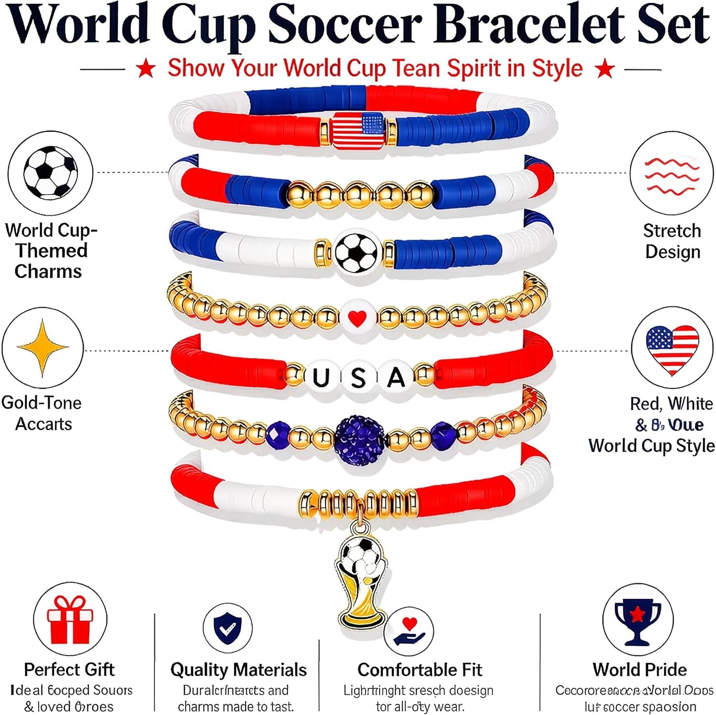 for FIFA World Cup 2026 Soccer Bracelets Gifts,for panini Game Day Soccer Bracelet Stack 7pcs Stackable Beaded USA Football Bracelets Outfits Jewelry Sports Fans Gifts Essentials Party Favors BST326L