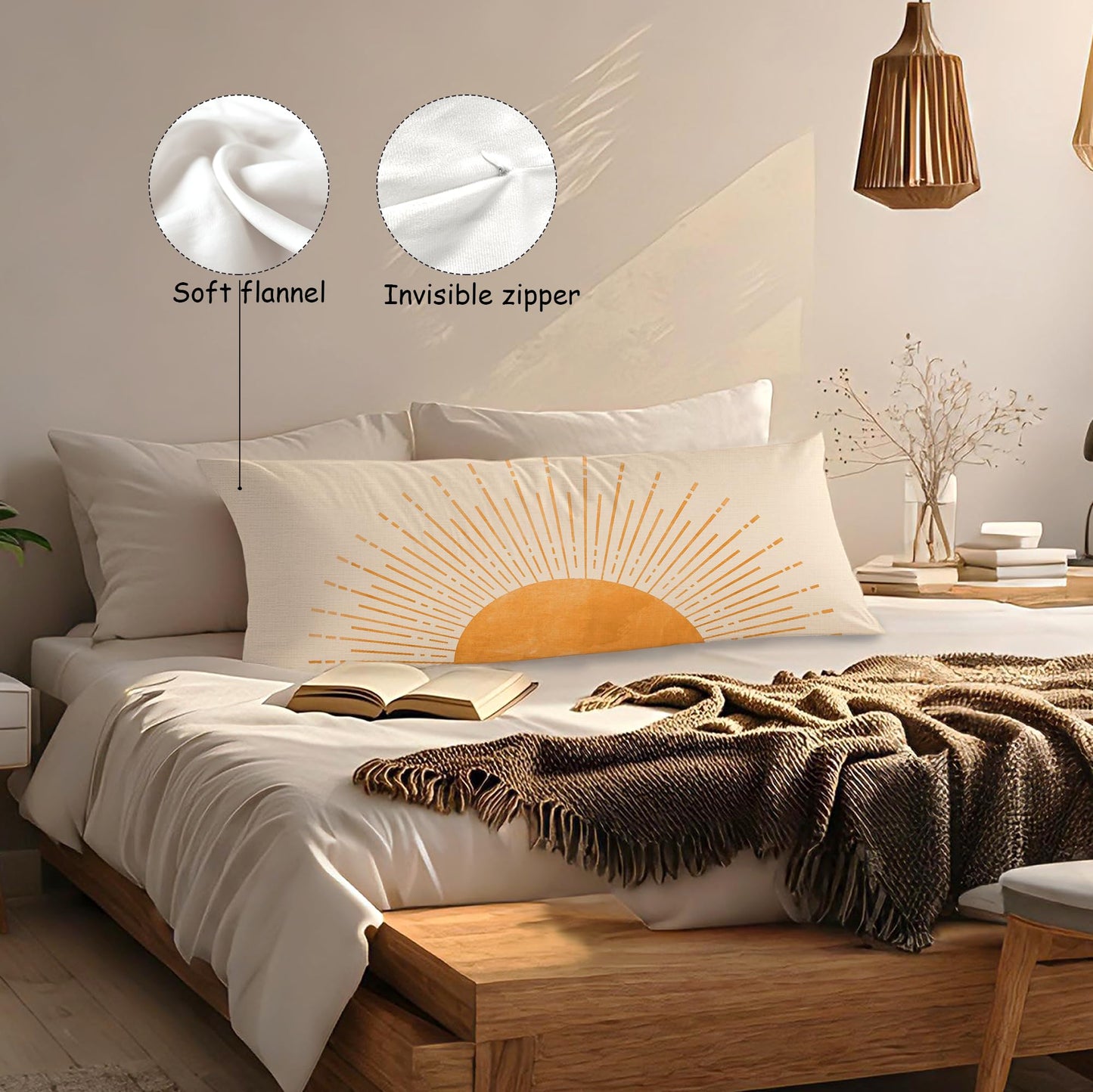 Boho Sun Sunshine 21x54 Body Pillow Cover Case, Modern Neutral Boho Horizontal Sun Sunset Sunrise Decorative Long Hug Pillow Cases for Bed Couch BST220