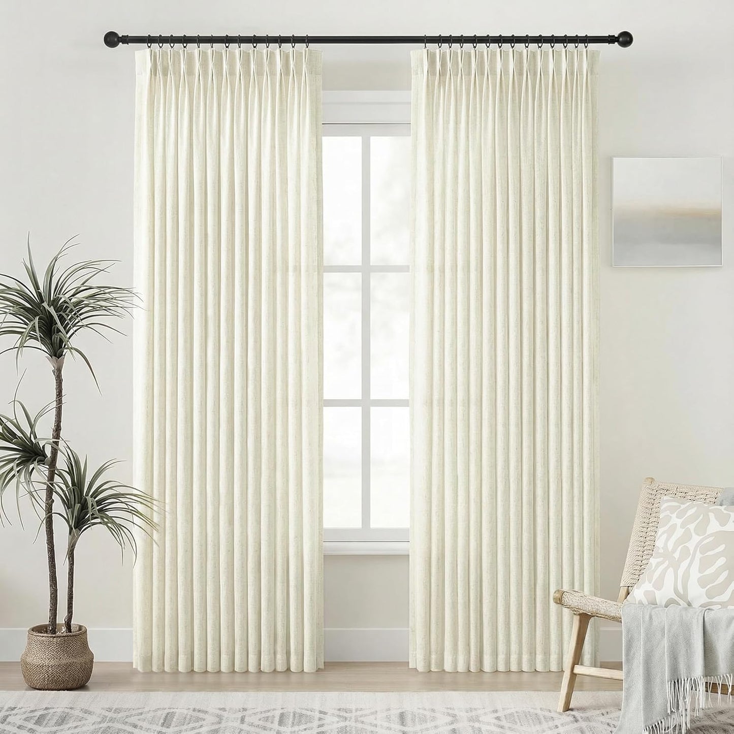 PANGSINNE Beige Linen Curtains Pinch Pleated - 84 Inches Long Semi Sheer Curtains for Living Room with Rings Back Tab 2 Panels Set Light Filtering Farmhouse Drapes