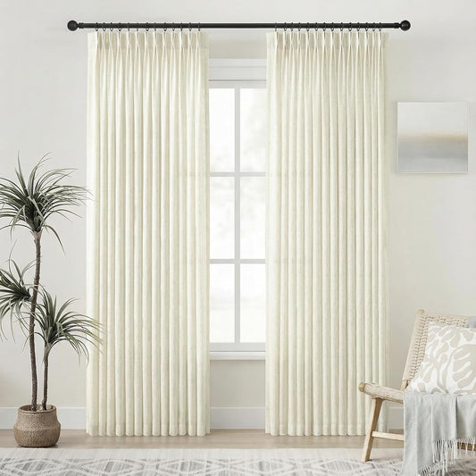 PANGSINNE Beige Linen Curtains Pinch Pleated - 84 Inches Long Semi Sheer Curtains for Living Room with Rings Back Tab 2 Panels Set Light Filtering Farmhouse Drapes