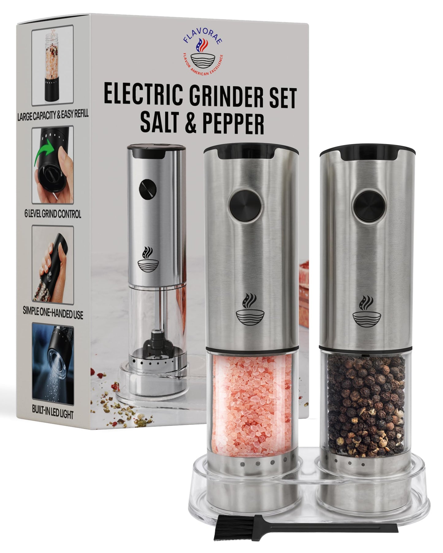 Electric Salt and Pepper Grinder Set - Black 2 Pack Battery Operated Mills with 95ml Large Capacity, Adjustable Coarseness, Built-in LED Light, Automatic Salt & Pepper Shakers for Kitchen BST220