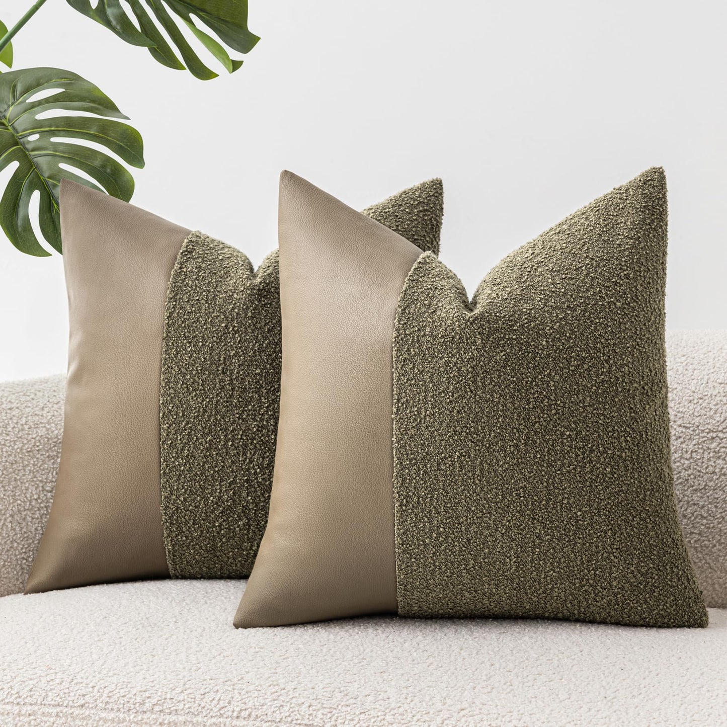 Set of 2 Fluffy Boucle Pillow Covers 18"x18", Oatmeal Textured Throw Pillow Covers with Faux Leather Accents, Boho Decorative Pillow Cases for Couch, Bed, or Farmhouse Home Decor BST220